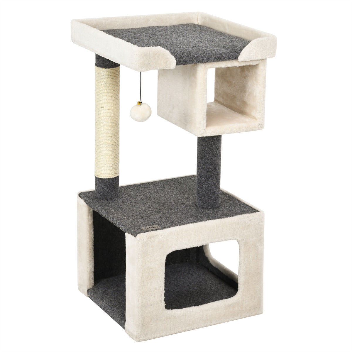 Torre para Gatos Pequena 80 cm com Arranhador e Bola de Pelúcia Branco e Cinzento
