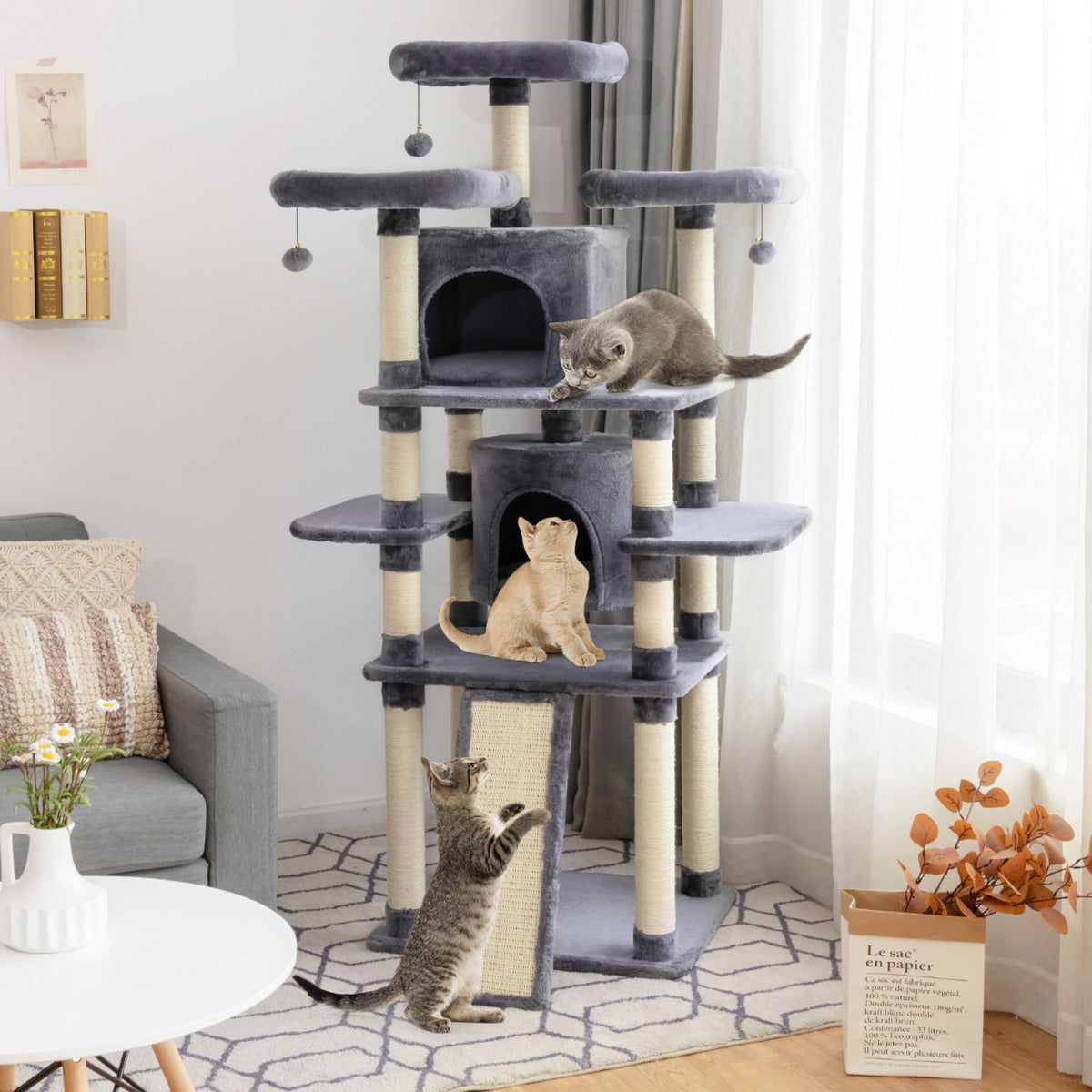 Torre Multinível para Gatos com 170 cm de Altura em Cinzento