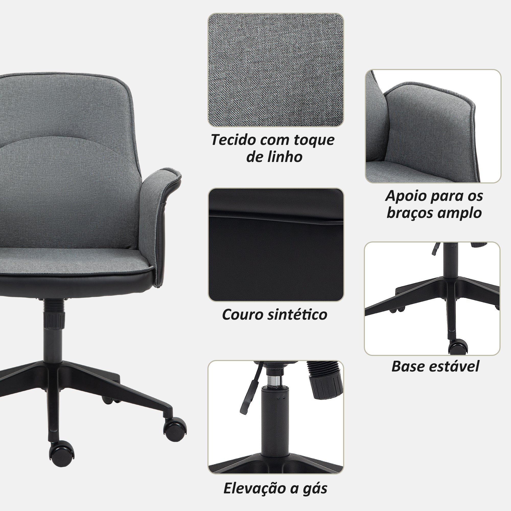 Cadeira de Escritório com Altura Ajustável 66x65x93-103 cm - Cinza - Tecido de efeito linho, couro PU, espuma e metal