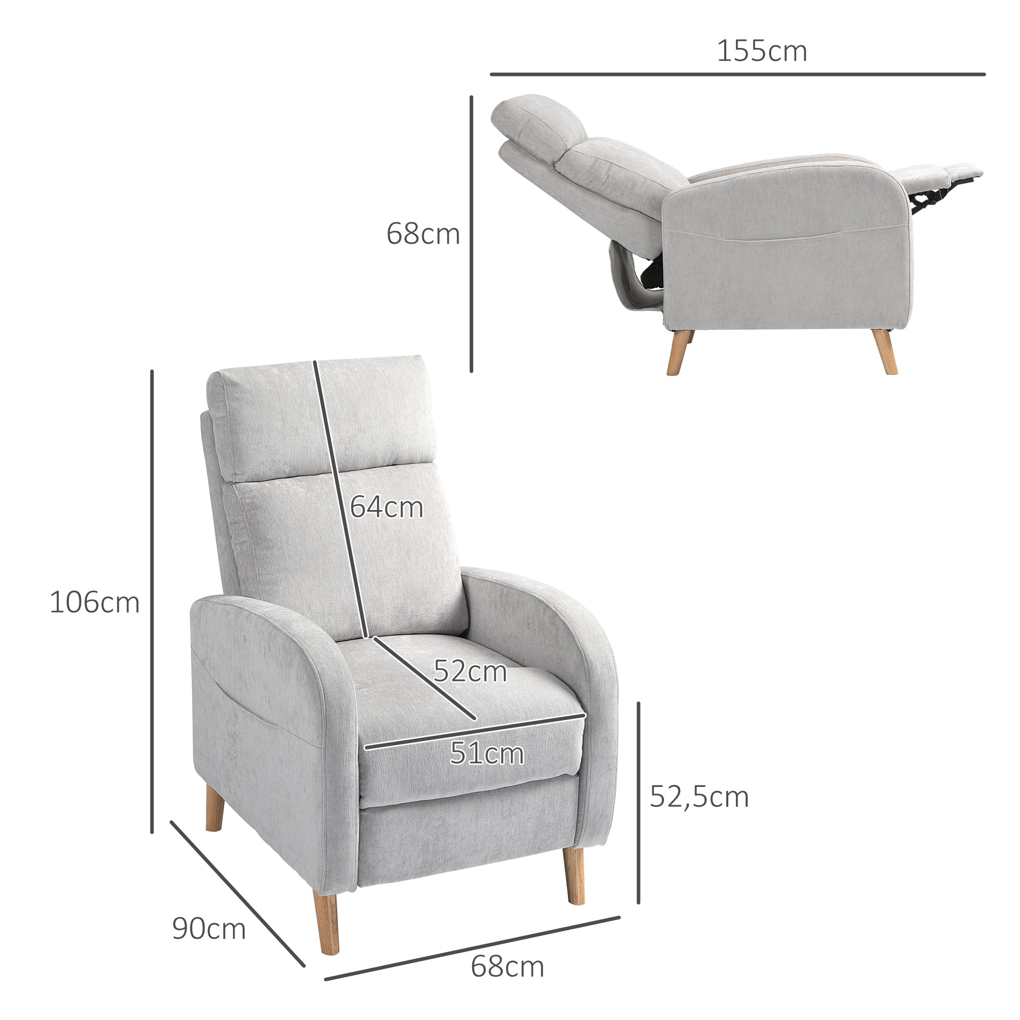 Poltrona Relax Reclinável Cinza Claro 68x90x106 cm