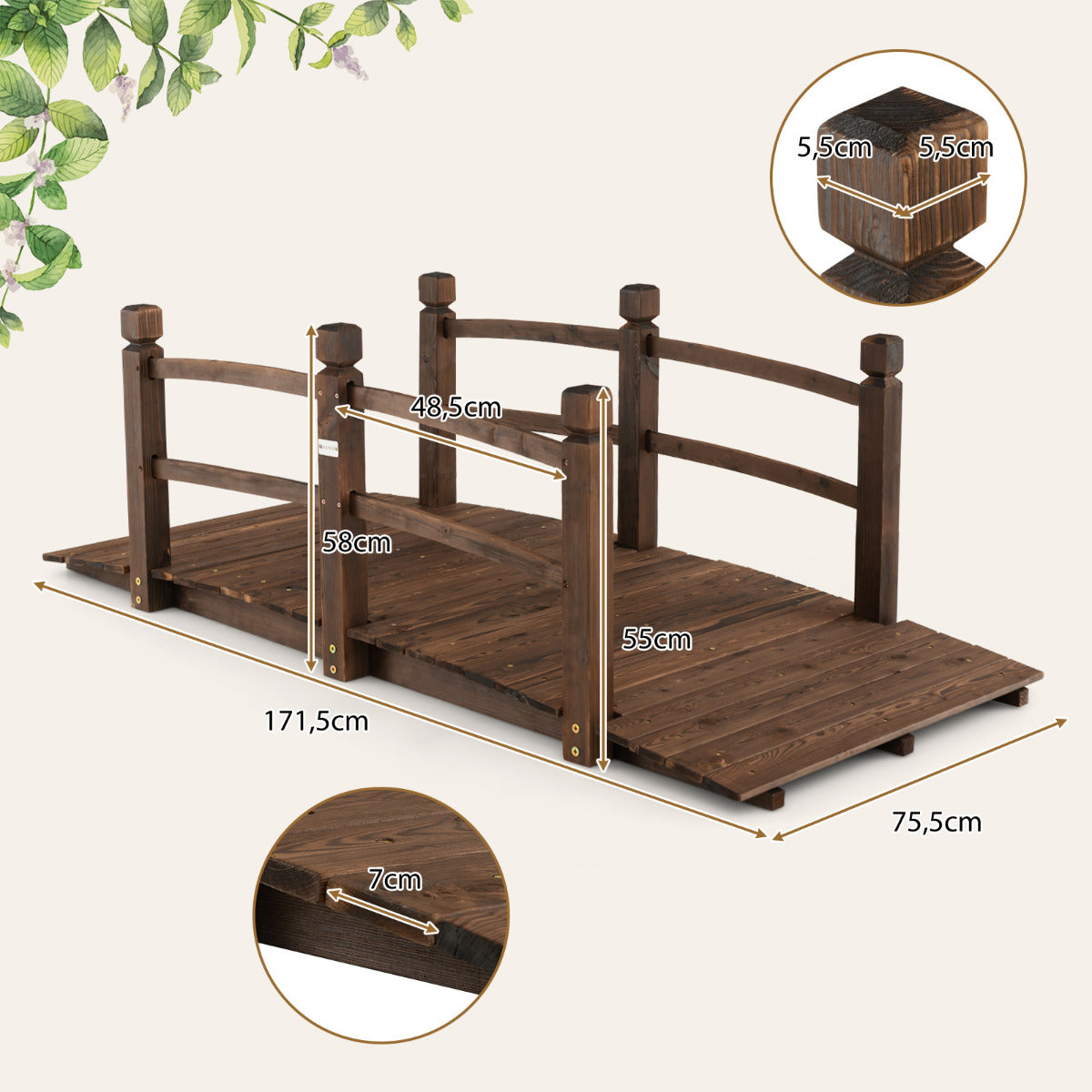 Ponte de Jardim em Madeira 1,7 m Ponte de Pé Decorativa Carbonizada com Corrimões de Segurança Capacidade de Carga 180 kg para Pátio Quinta Parque