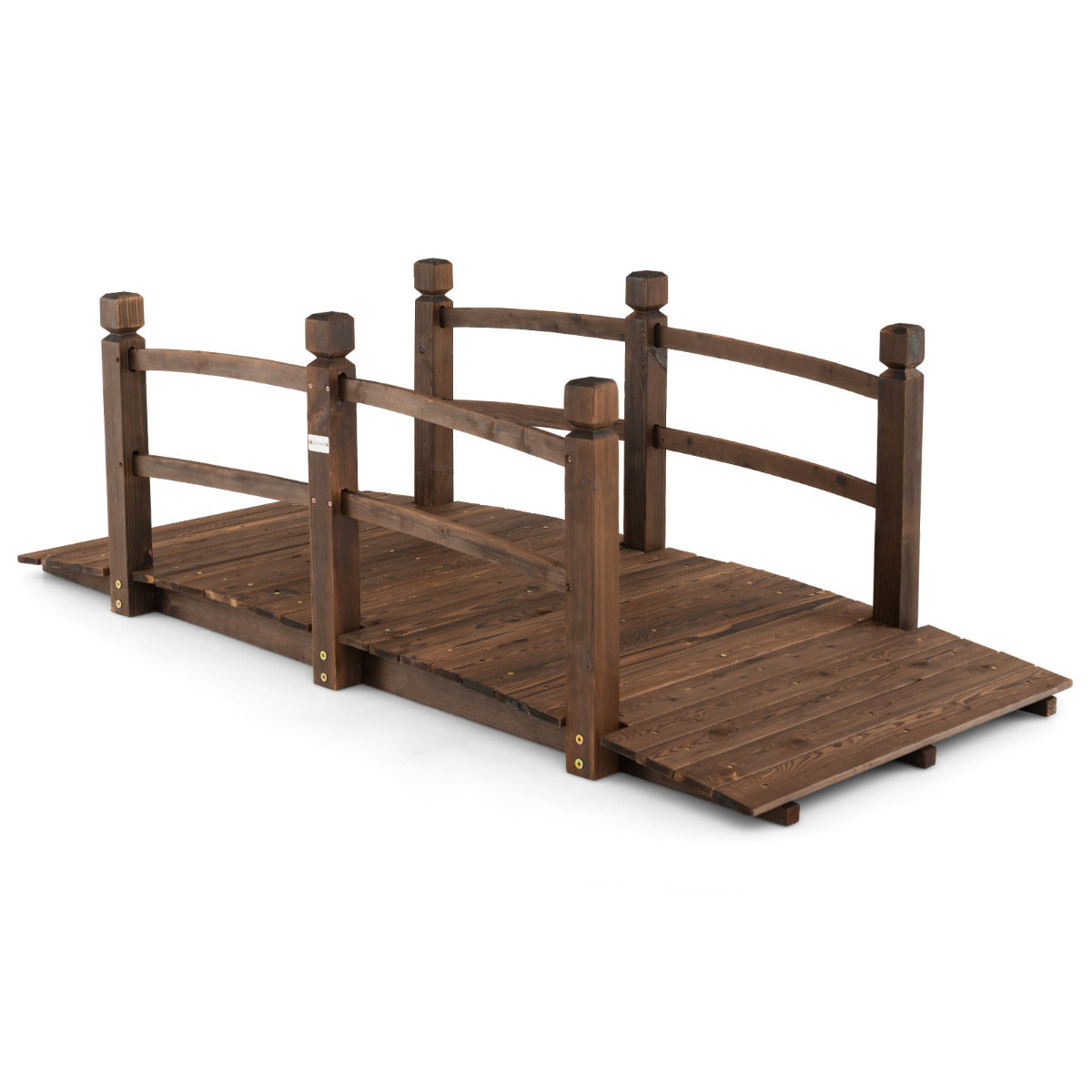 Ponte de Jardim em Madeira 1,7 m Ponte de Pé Decorativa Carbonizada com Corrimões de Segurança Capacidade de Carga 180 kg para Pátio Quinta Parque