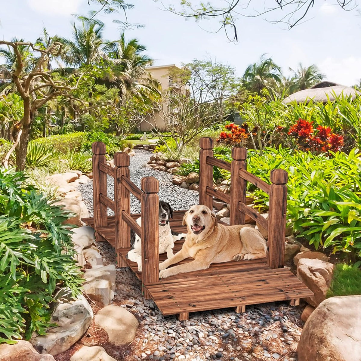 Ponte de Madeira Rústica e Maciça com Corrimão de Jardim Decoração Suporta até 100 kg 150 x 67 x 55 cm Castanho