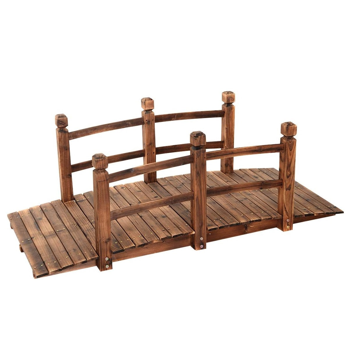 Ponte de Madeira Rústica e Maciça com Corrimão de Jardim Decoração Suporta até 100 kg 150 x 67 x 55 cm Castanho