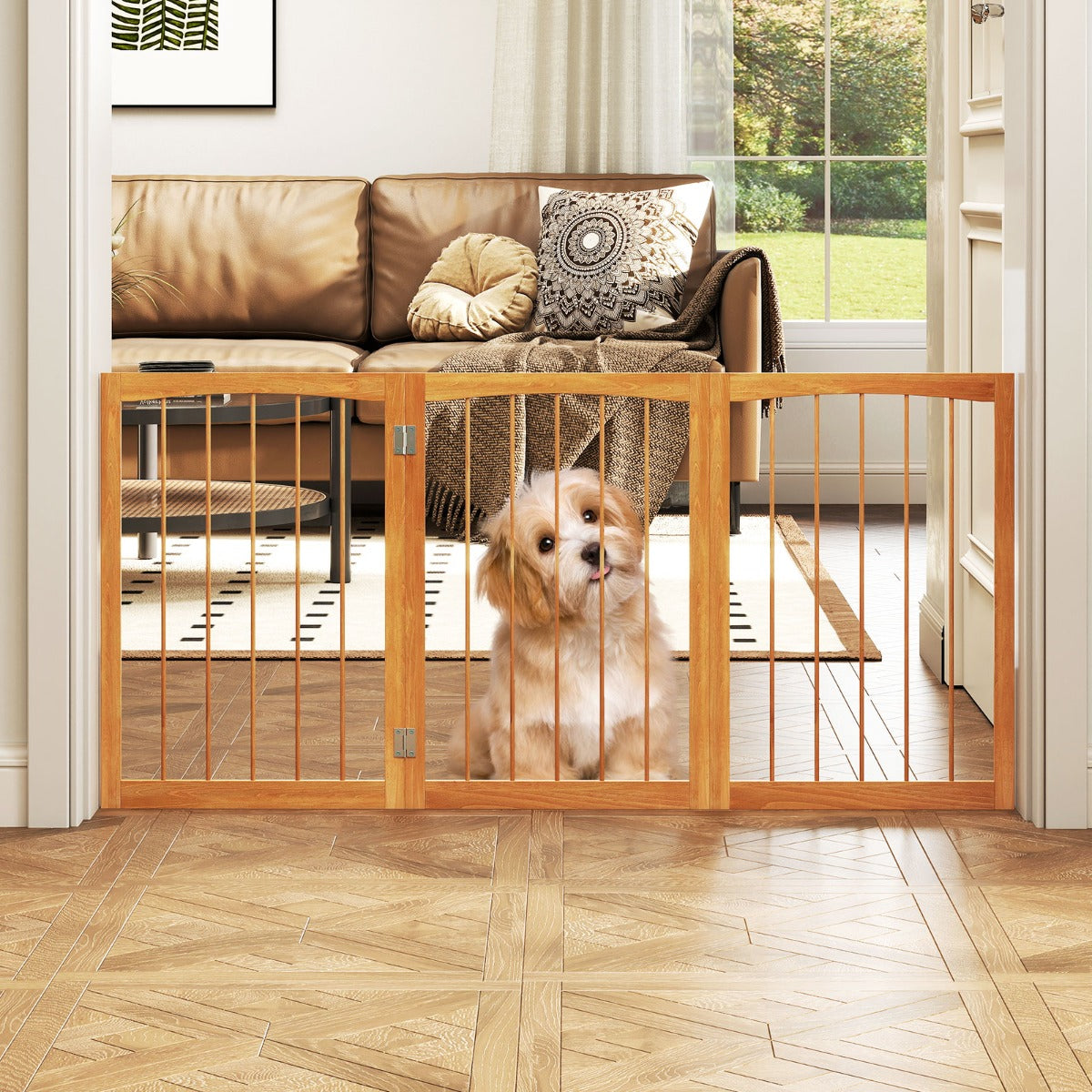 Barreira para Cães em Madeira de Abeto com Rotação de 180° Barreira Dobrável de 3 Painéis para Cães Pequenos e Médios Natural