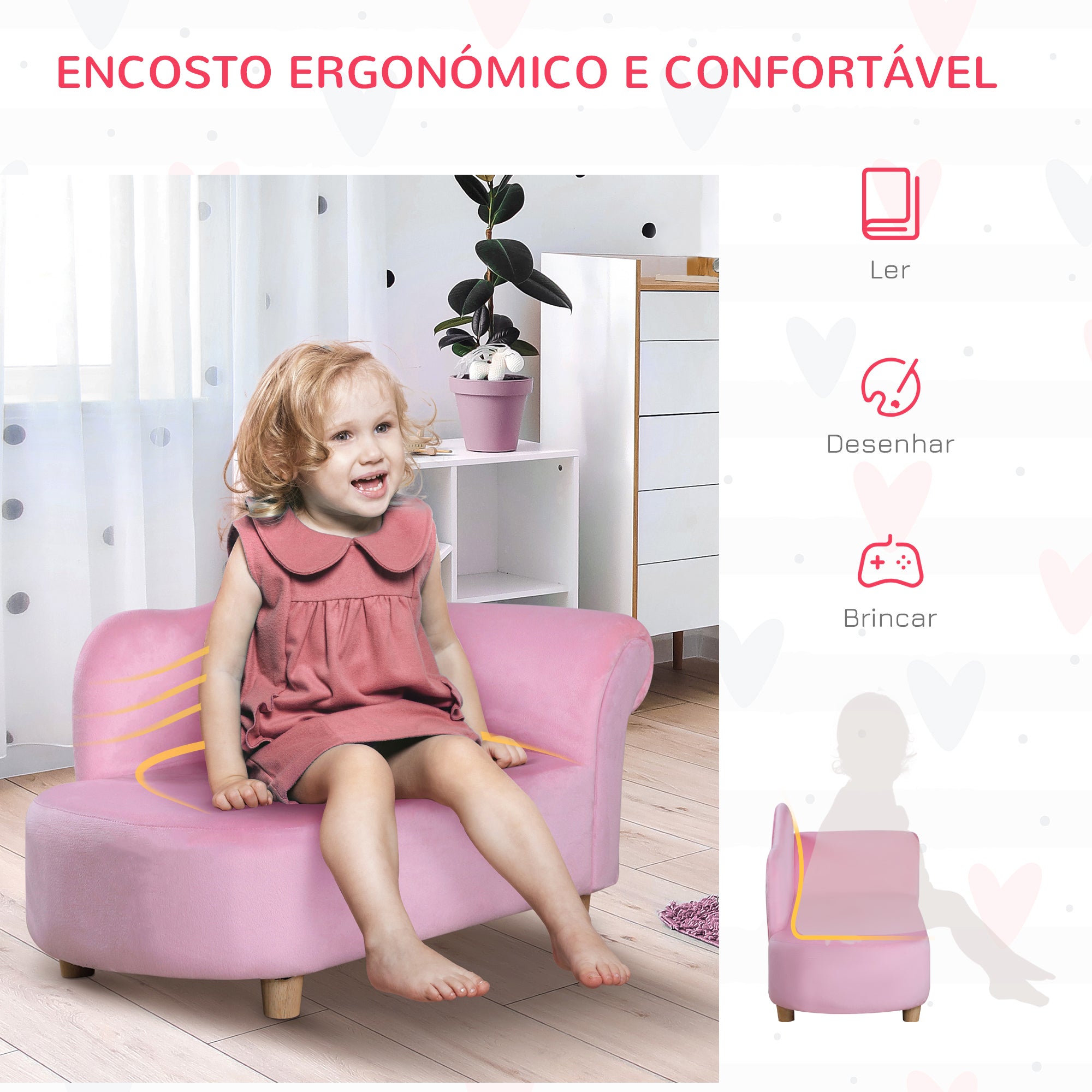 Mini Sofá Infantil – 80x40x49 cm – Rosa – Estofado em Poliéster