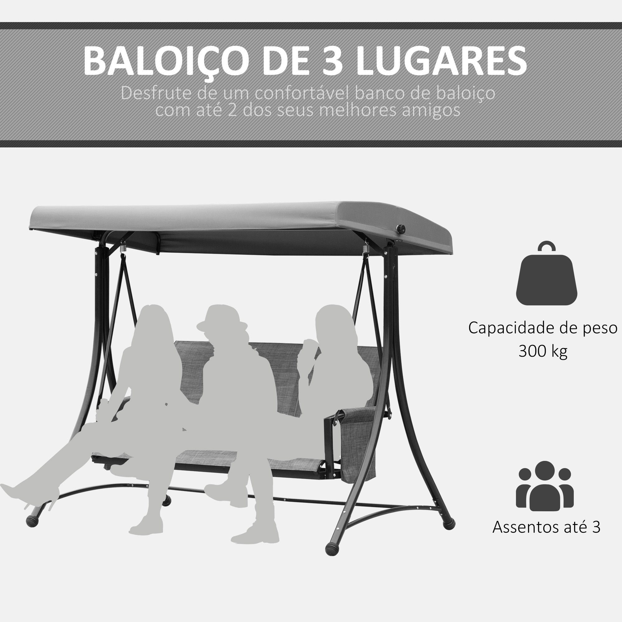 Baloiço de Jardim 3 Lugares 196x128x172 cm - Cinzento