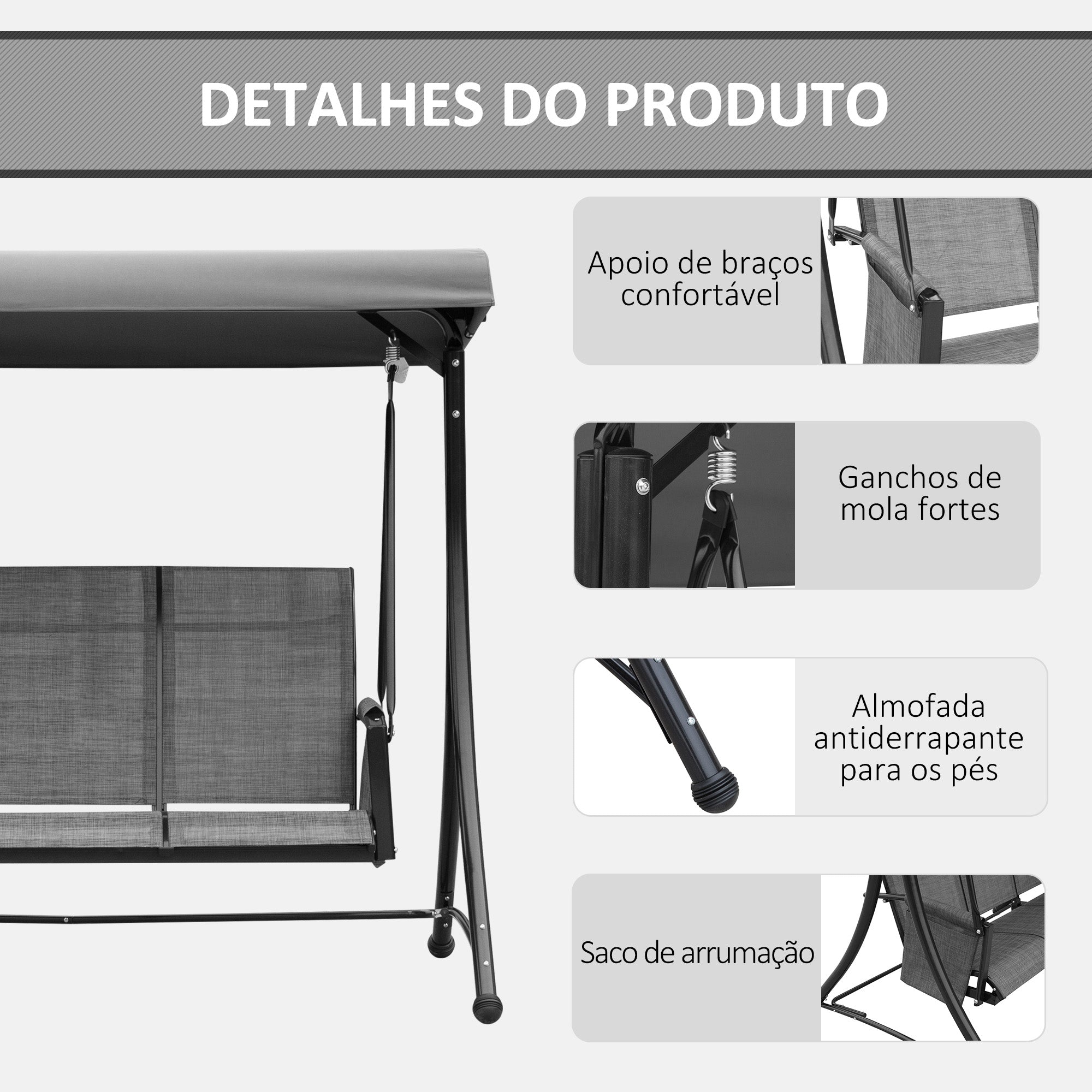 Baloiço de Jardim 3 Lugares 196x128x172 cm - Cinzento