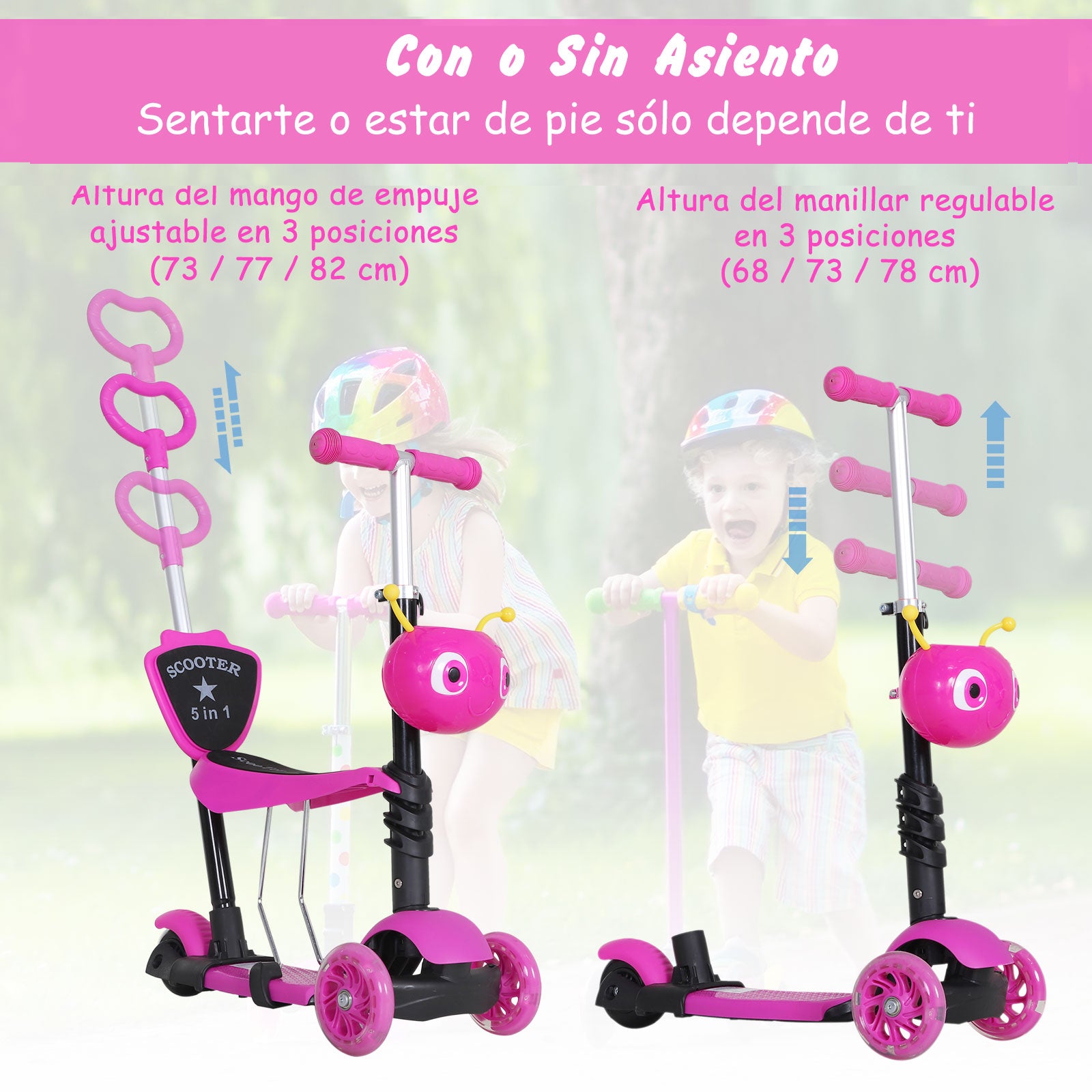 Trotinete para Crianças 3 Rodas com Assento Removível 62x25x72,5 cm - Cor Rosa