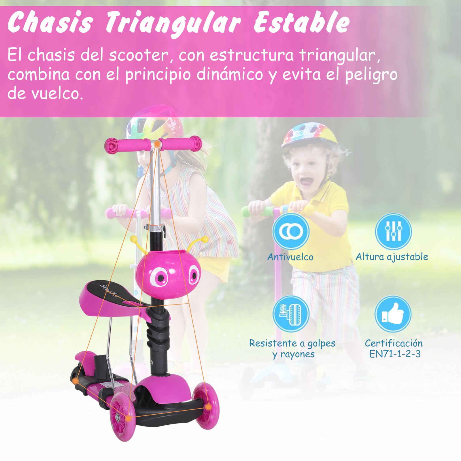 Trotinete para Crianças 3 Rodas com Assento Removível 62x25x72,5 cm - Cor Rosa