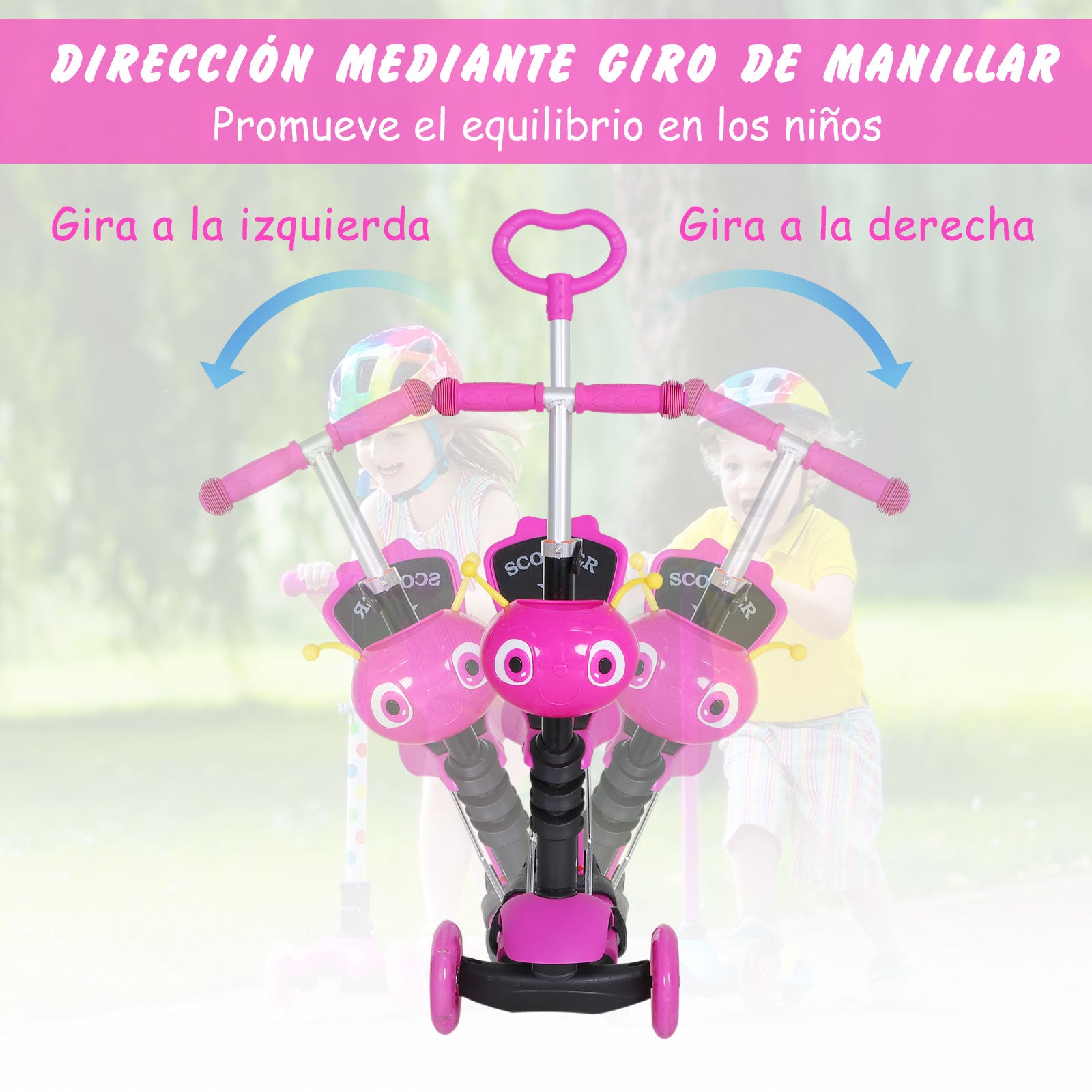 Trotinete para Crianças 3 Rodas com Assento Removível 62x25x72,5 cm - Cor Rosa