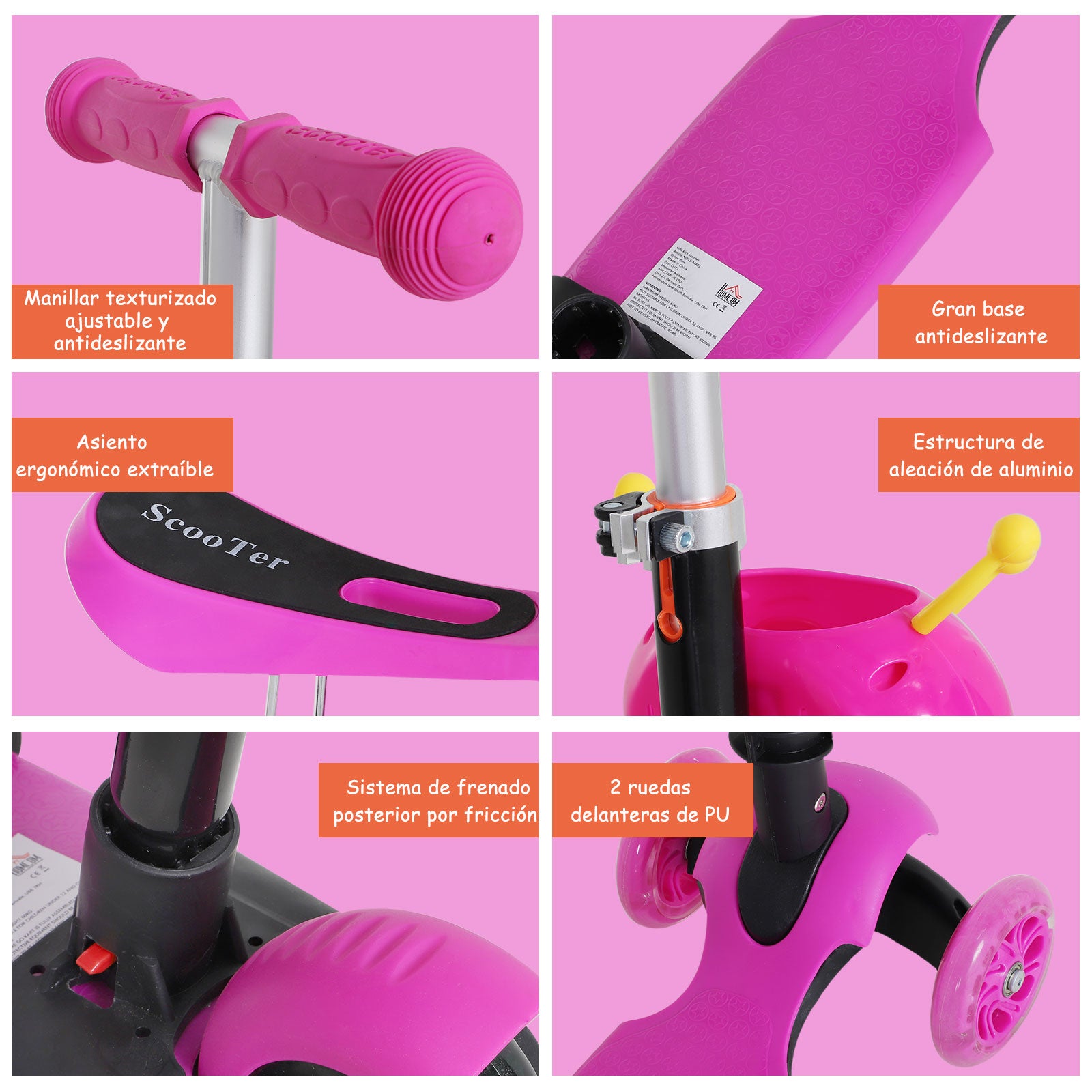 Trotinete para Crianças 3 Rodas com Assento Removível 62x25x72,5 cm - Cor Rosa