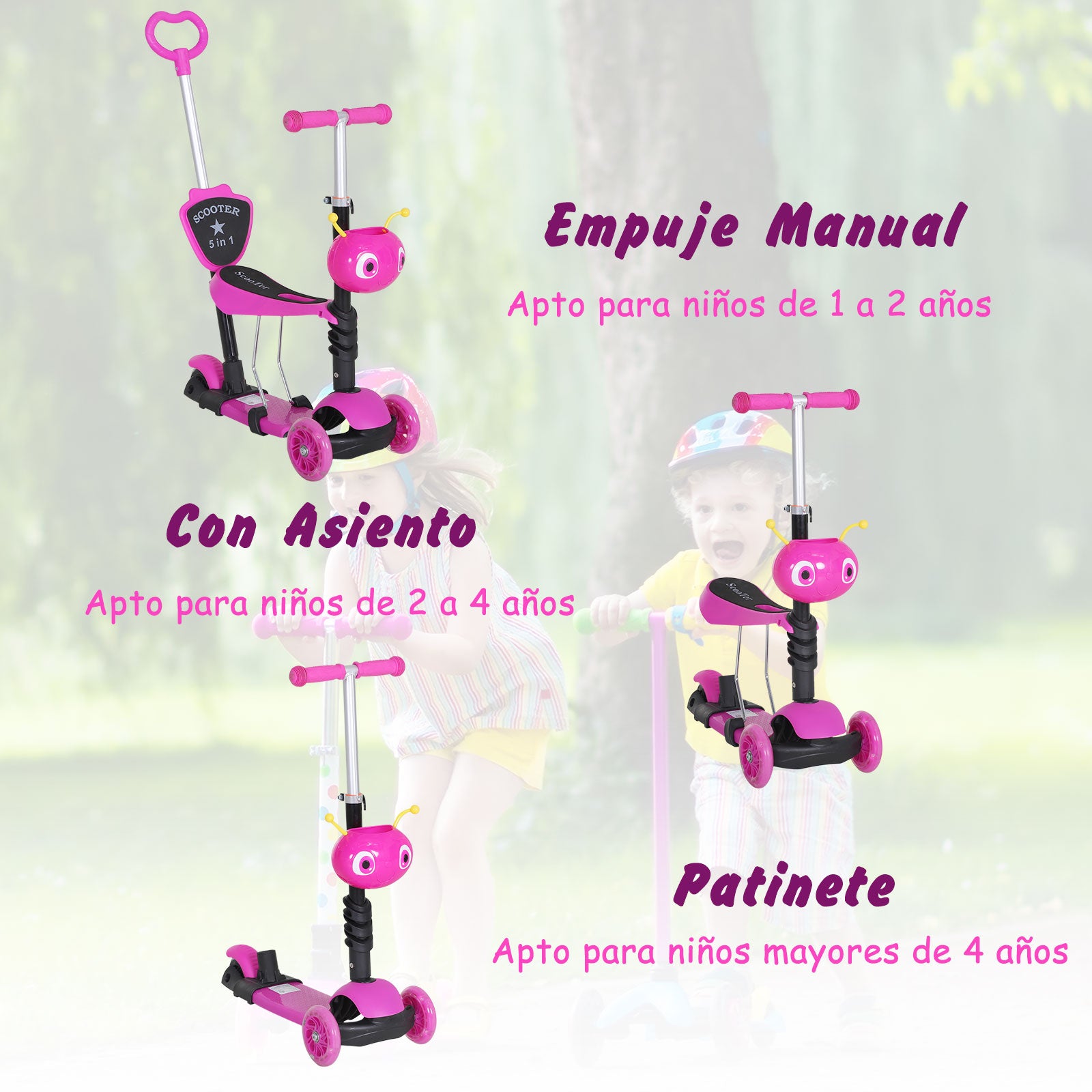 Trotinete para Crianças 3 Rodas com Assento Removível 62x25x72,5 cm - Cor Rosa