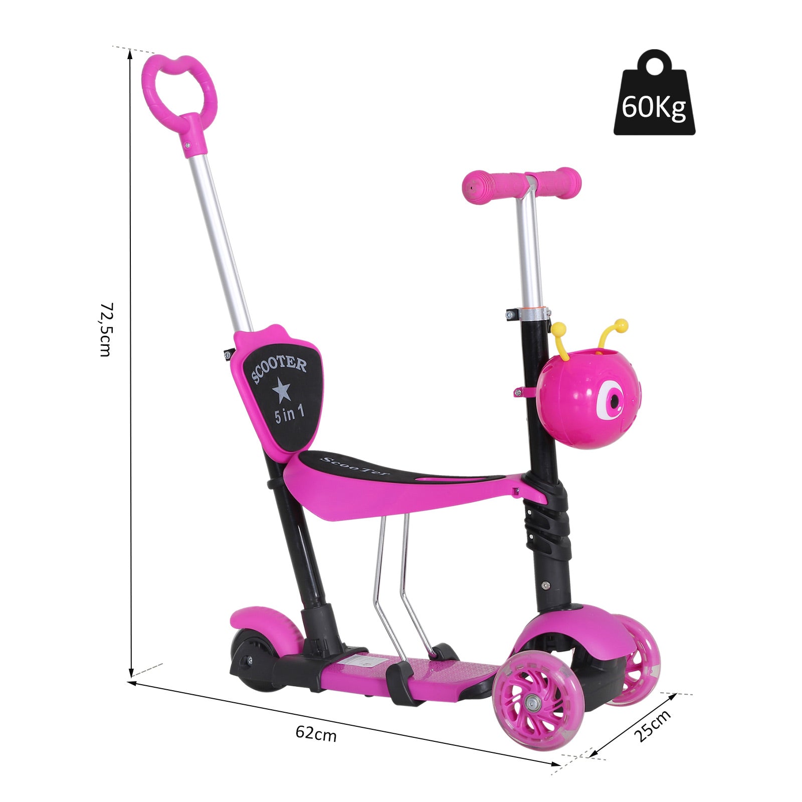Trotinete para Crianças 3 Rodas com Assento Removível 62x25x72,5 cm - Cor Rosa