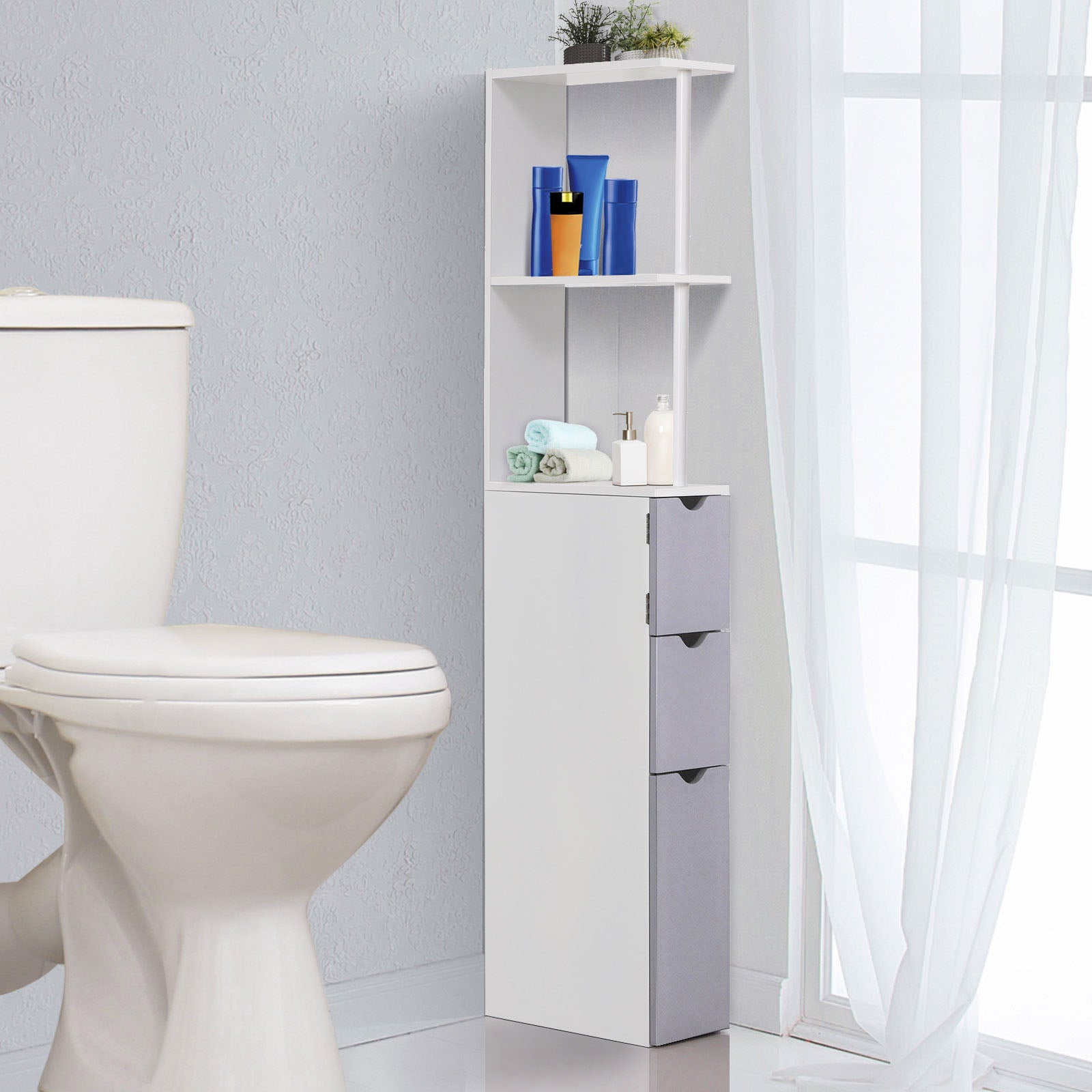 Armário Compacto de Casa de Banho 15x33x136,5 cm - Branco e Cinza