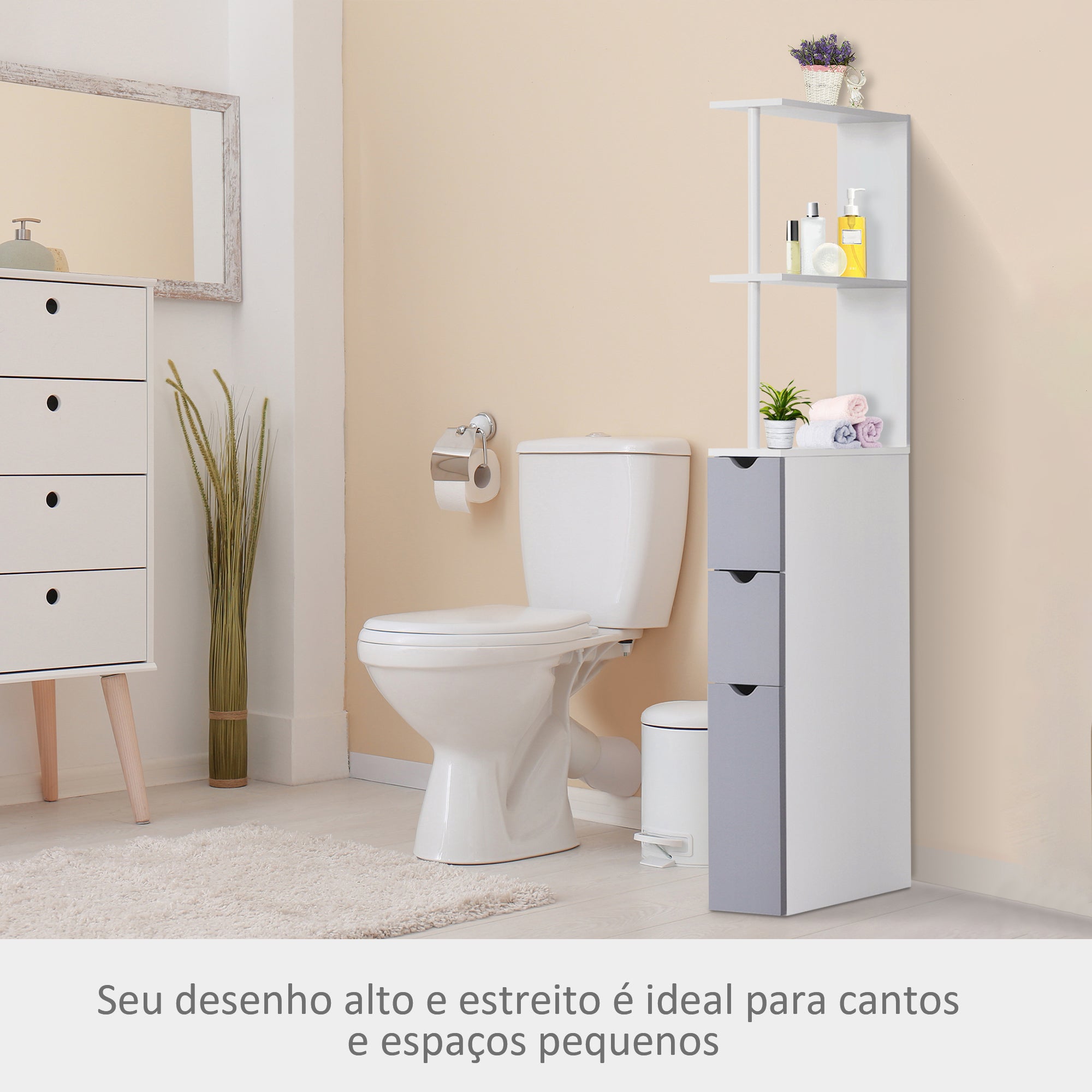 Armário Compacto de Casa de Banho 15x33x136,5 cm - Branco e Cinza