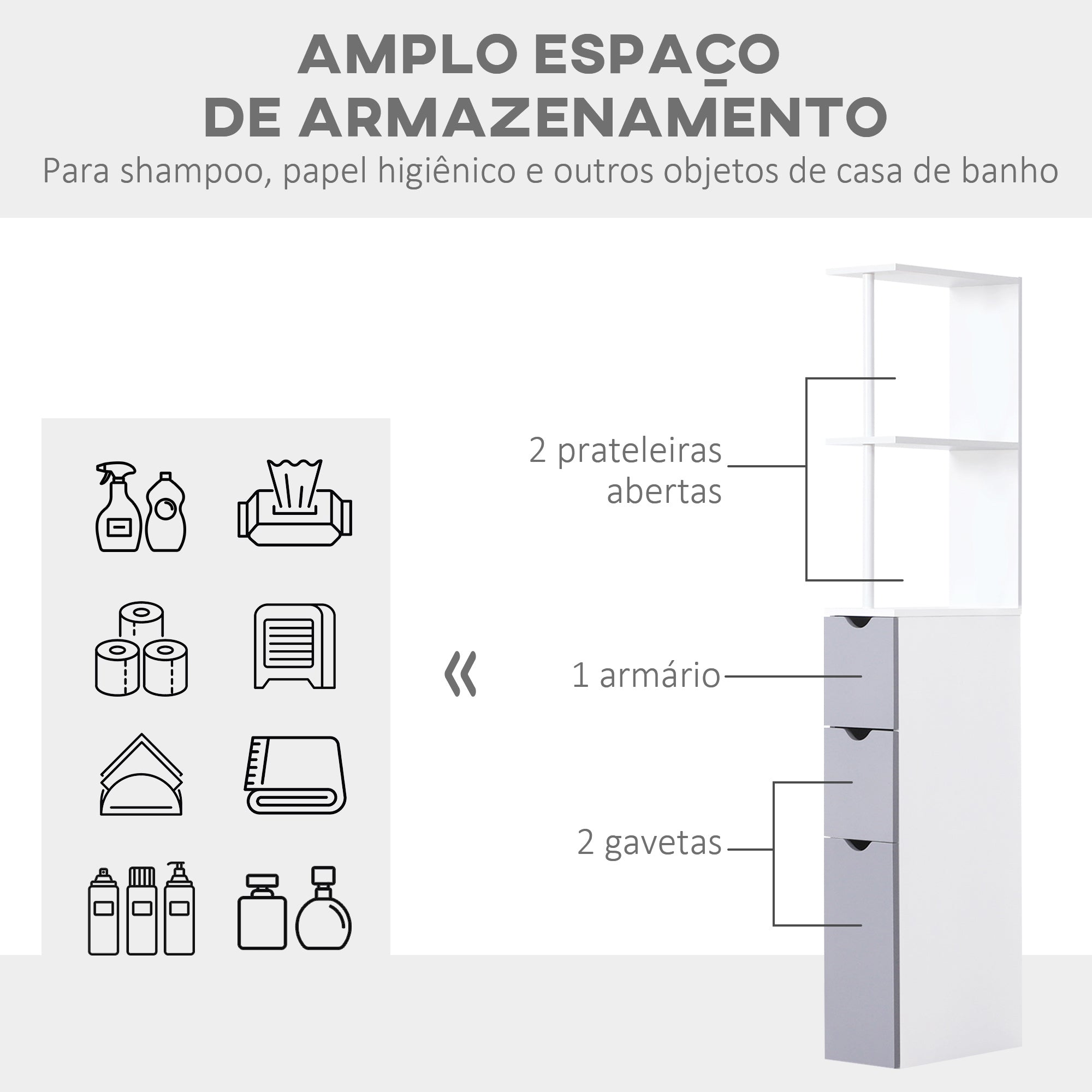 Armário Compacto de Casa de Banho 15x33x136,5 cm - Branco e Cinza