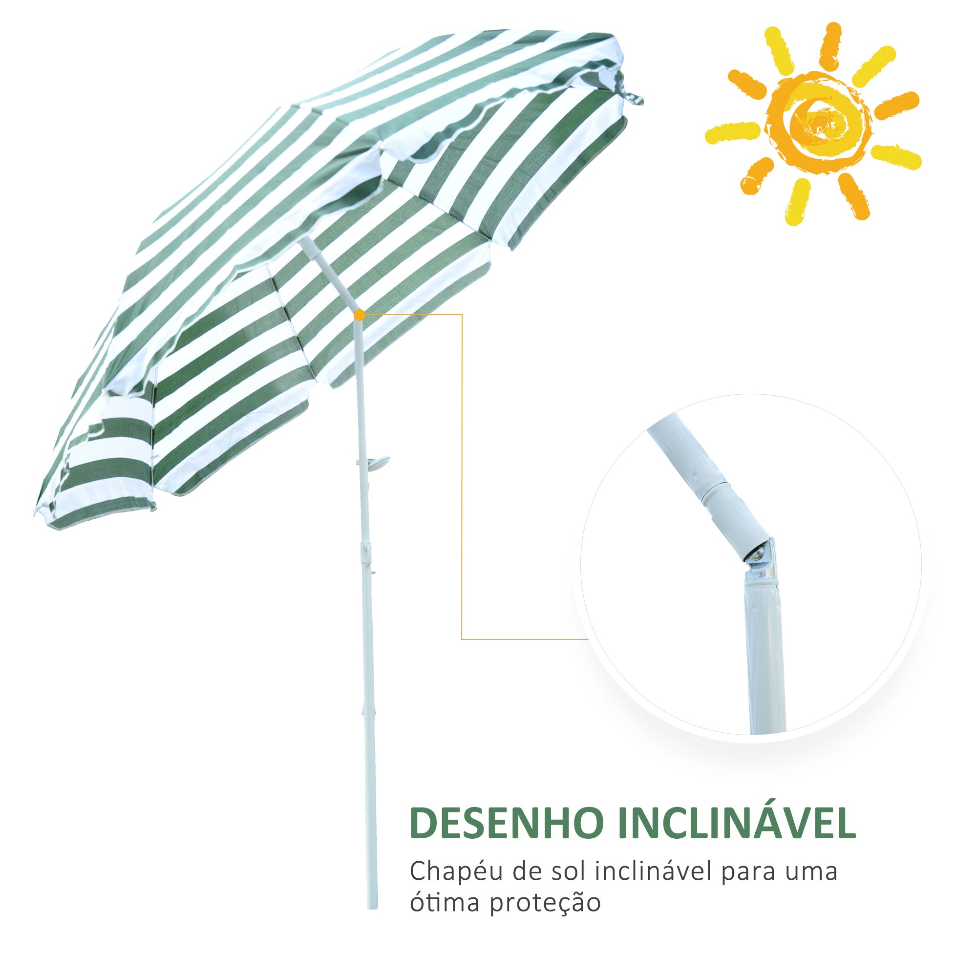 Chapéu de Sol de Praia – Ø180cm – Verde e Branco – Metal e Poliéster