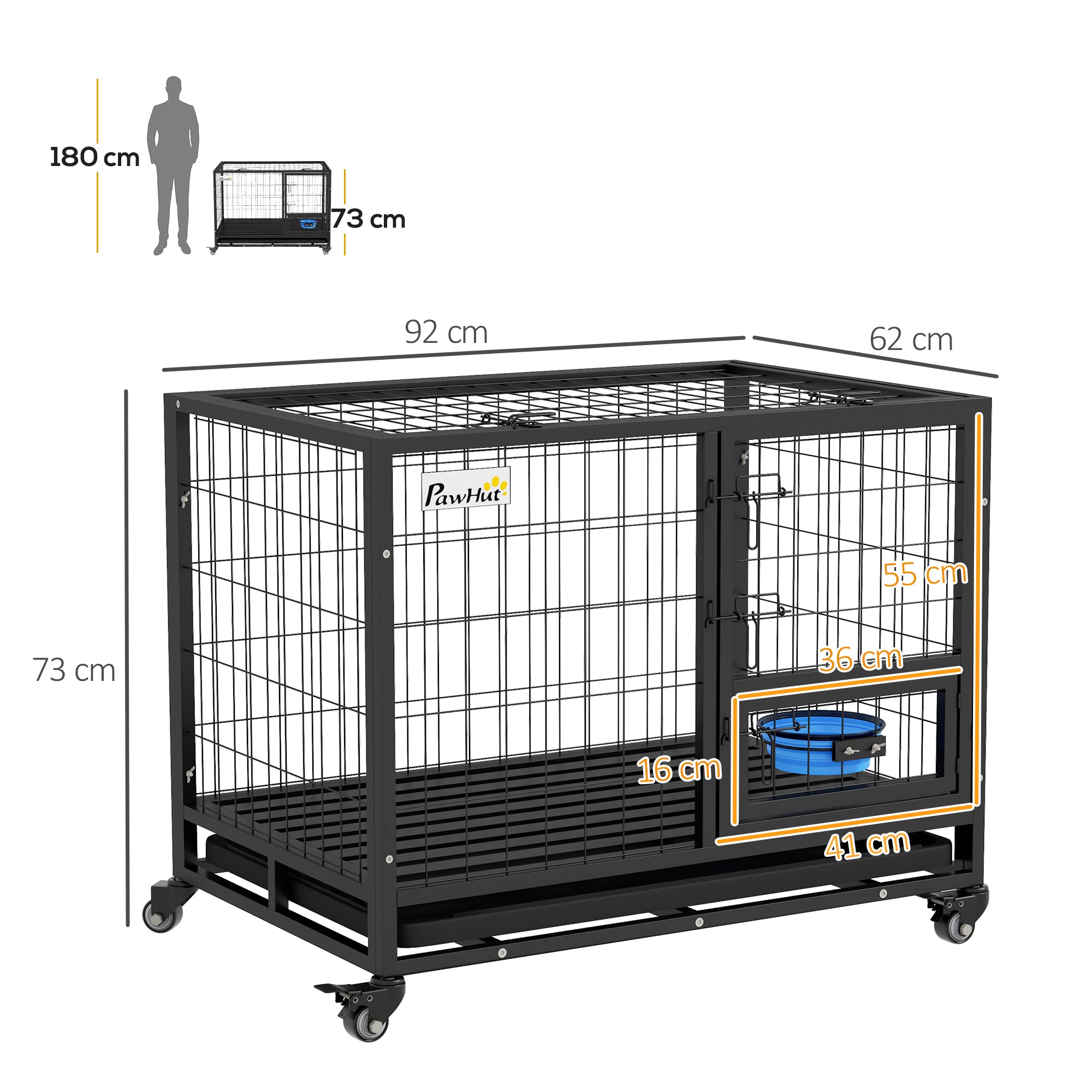 Gaiola para Cães com Tigela Rotativa e Rodas 92x62x73 cm - Preto