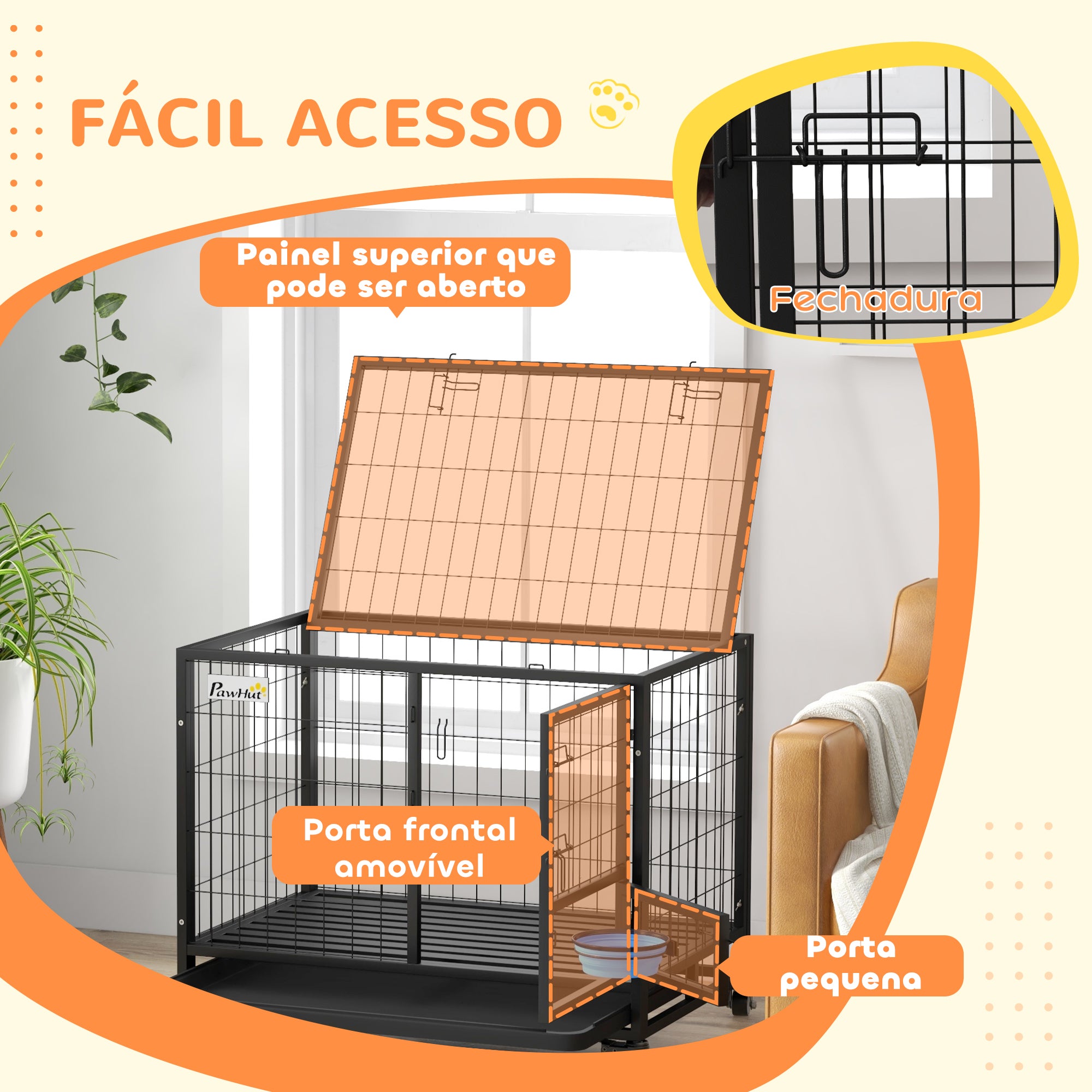 Gaiola para Cães com Tigela Rotativa e Rodas 92x62x73 cm - Preto