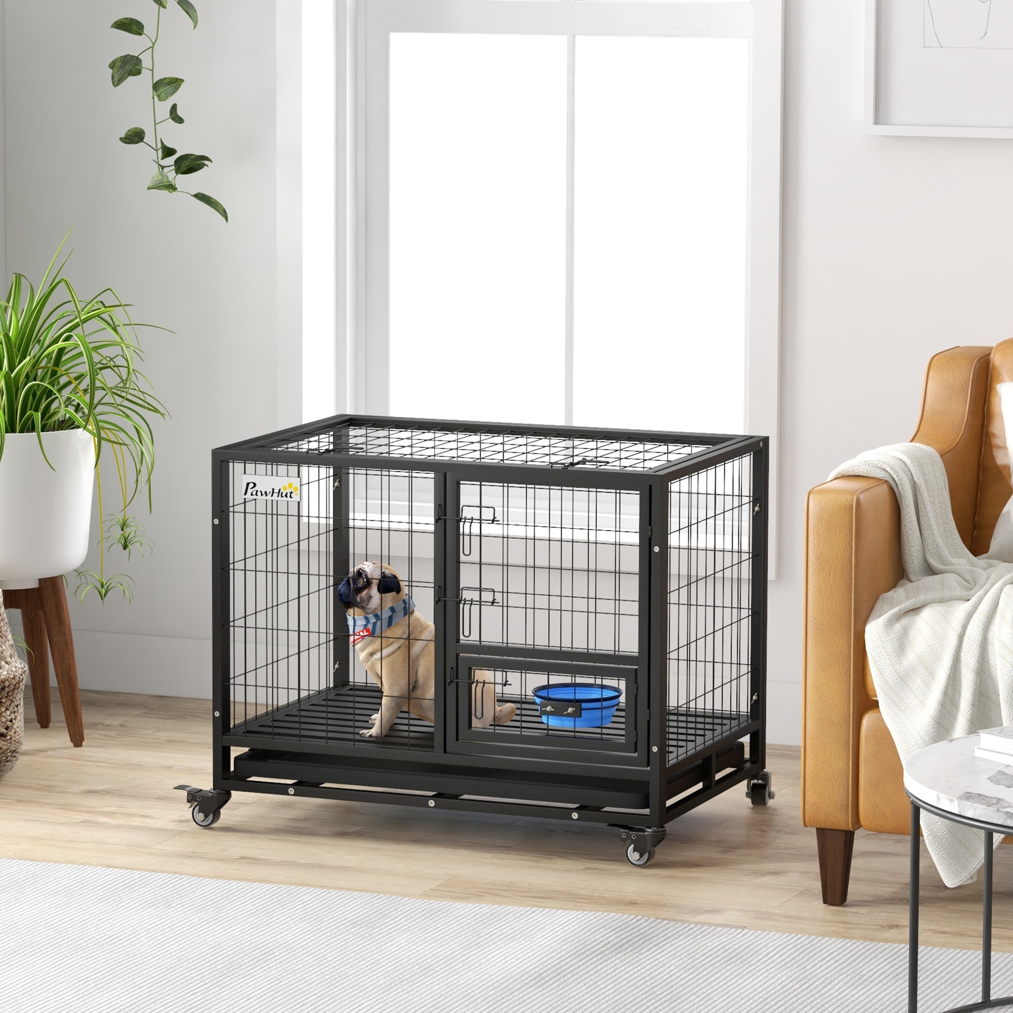 Gaiola para Cães com Tigela Rotativa e Rodas 92x62x73 cm - Preto
