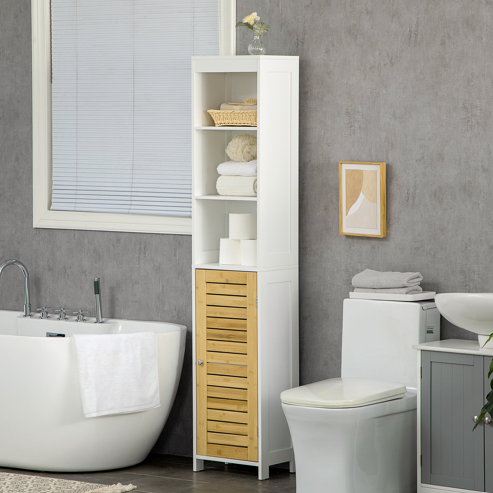 Coluna de Casa de Banho Compacta Branco e Madeira 35x27x171 cm