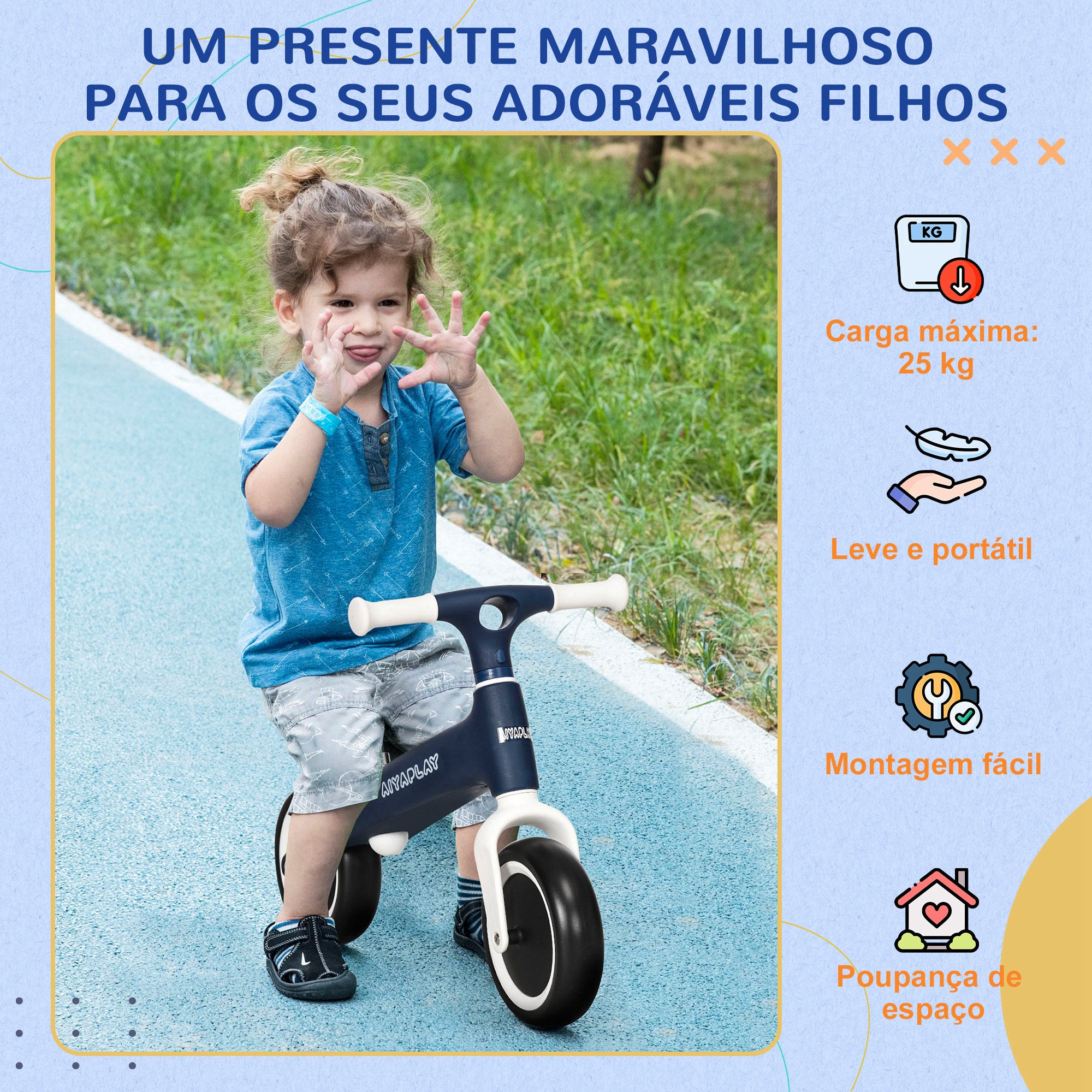 Bicicleta de Equilíbrio Azul 67,5x32x44 cm para Crianças de 18-36 Meses