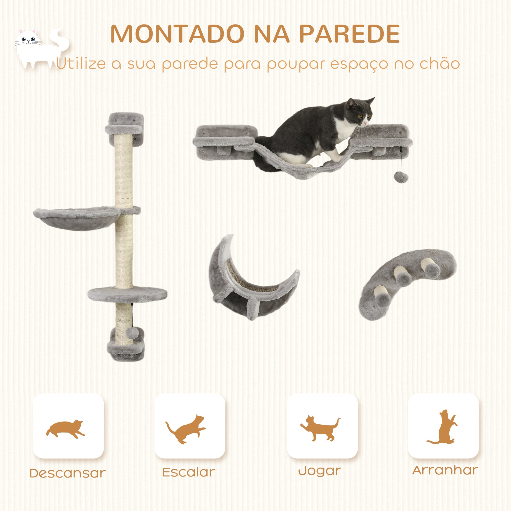 Conjunto de Prateleiras para Gatos Ø30×96 cm - Cinza e Bege