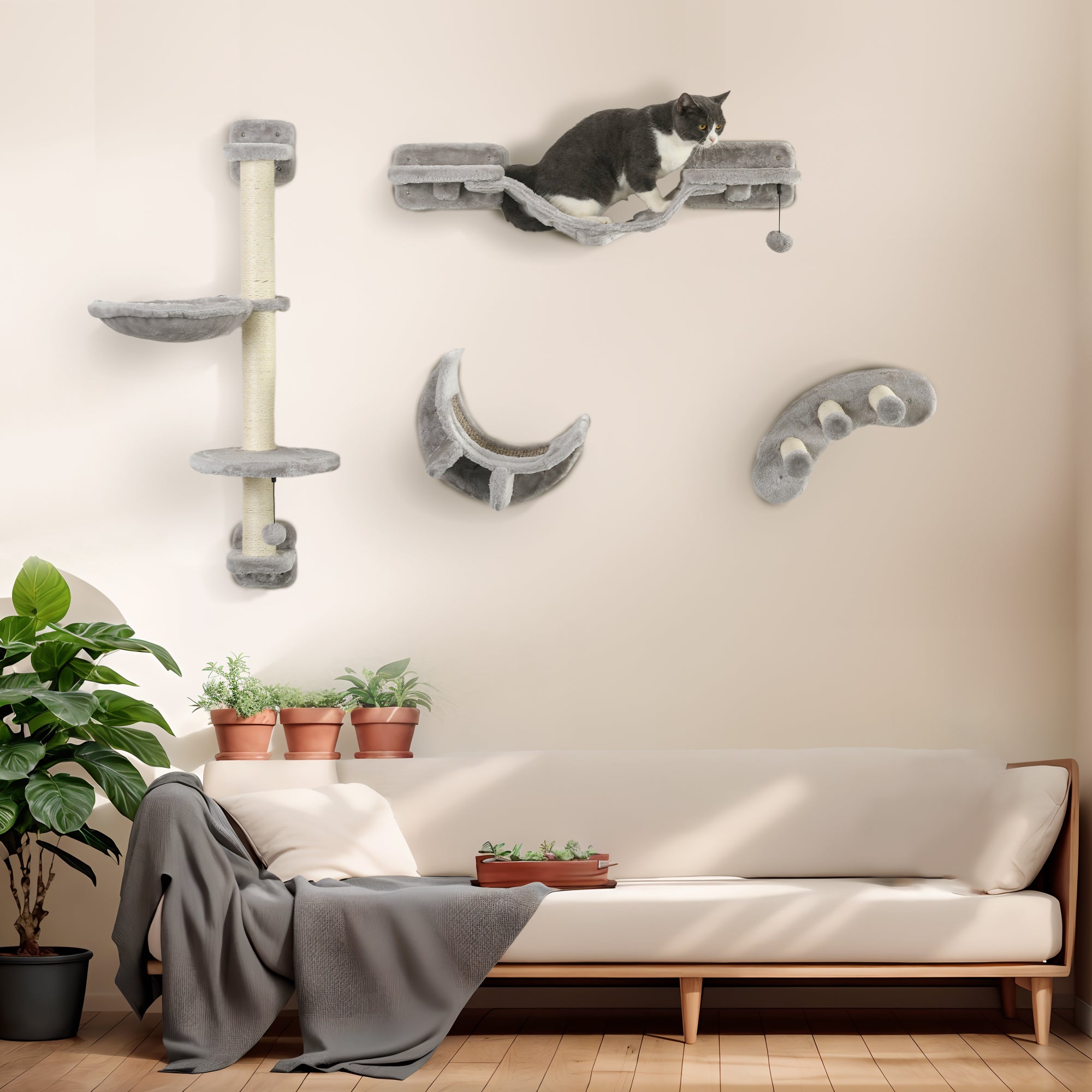 Conjunto de Prateleiras para Gatos Ø30×96 cm - Cinza e Bege