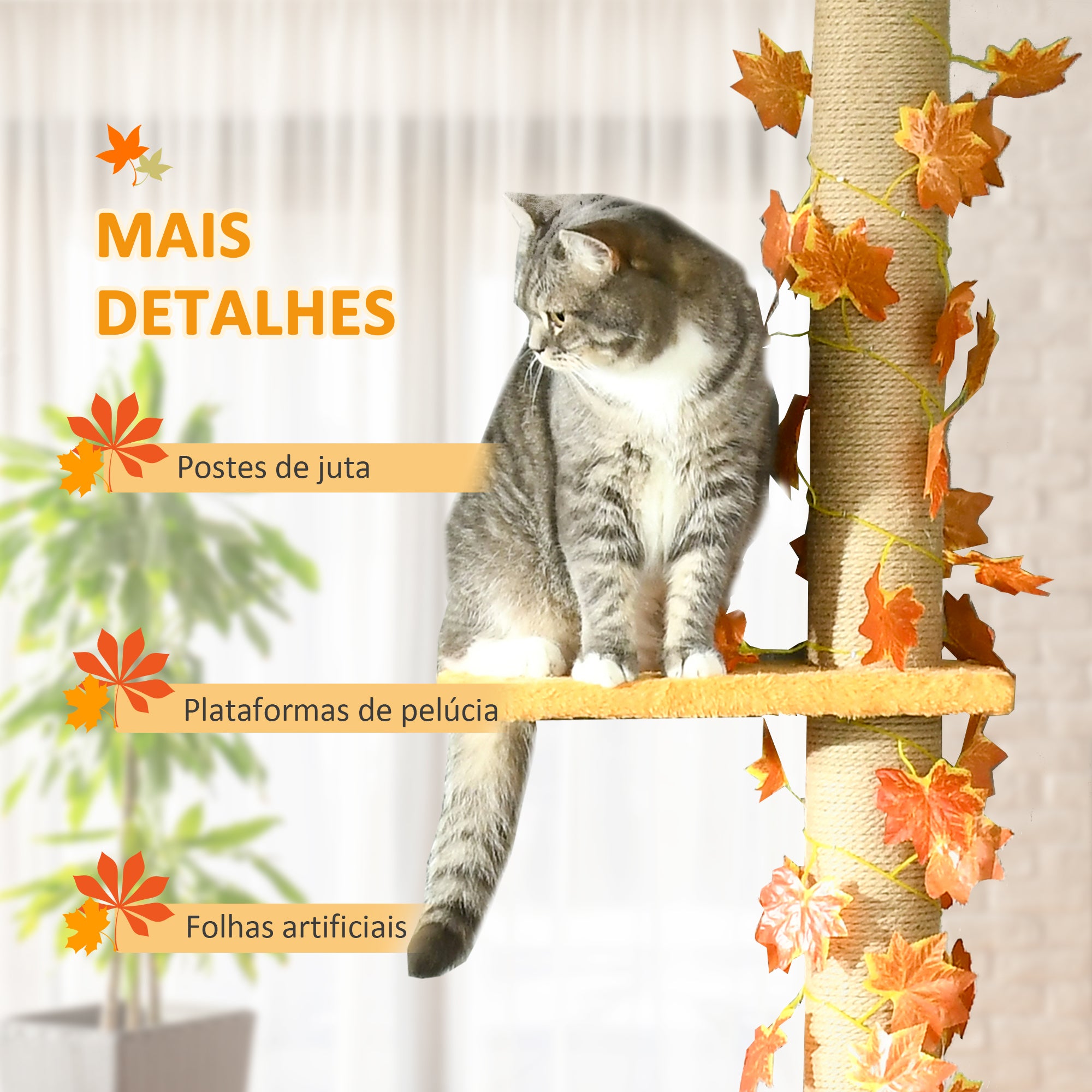 Arranhador para Gatos Chão ao Teto Laranja 37x21x202-242 cm