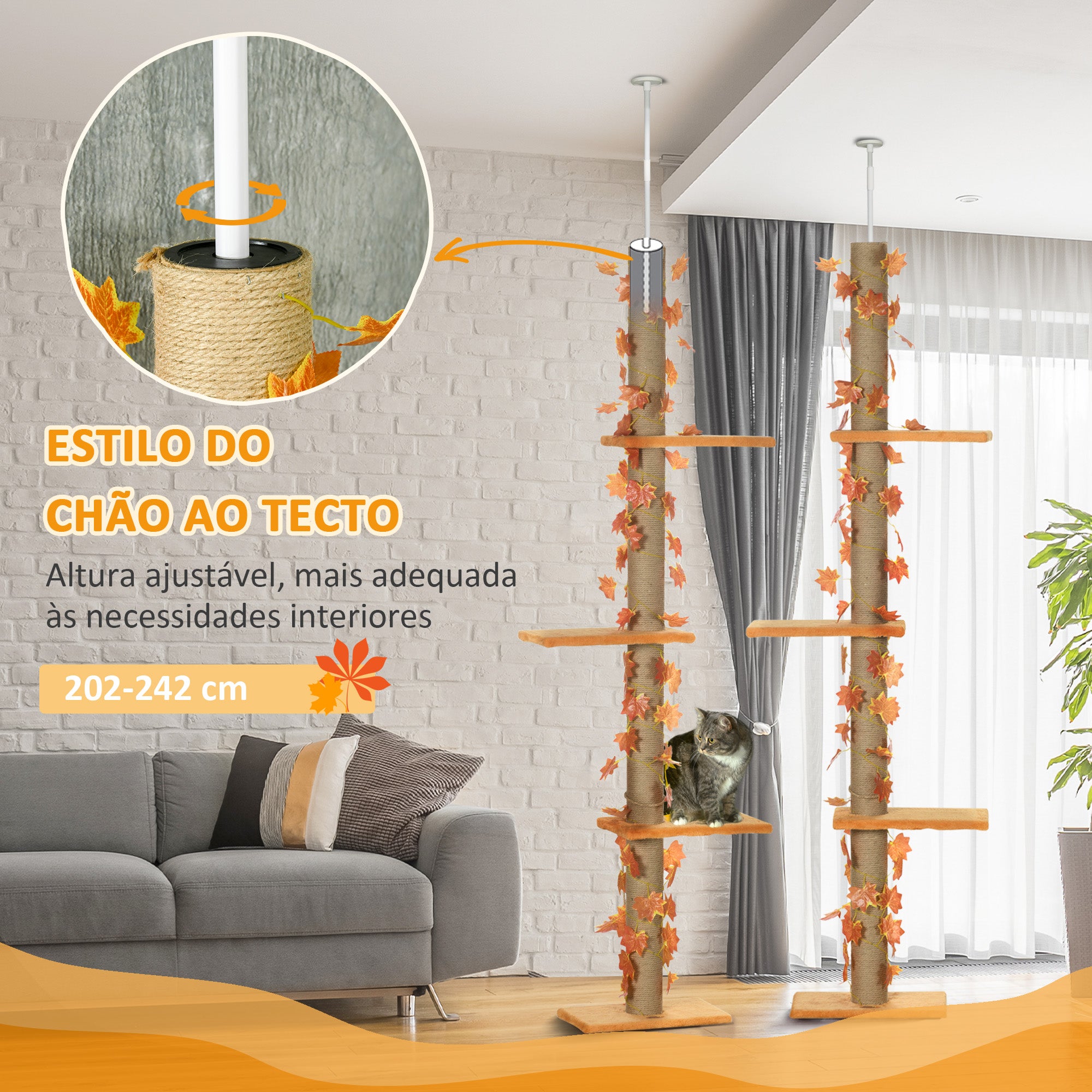 Arranhador para Gatos Chão ao Teto Laranja 37x21x202-242 cm