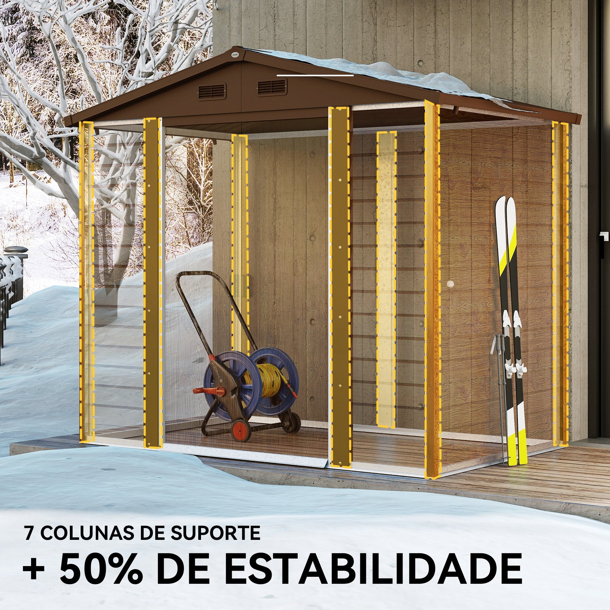 Abrigo de Jardim Metálico 152x235,7x208,7 cm - Madeira e Marrom