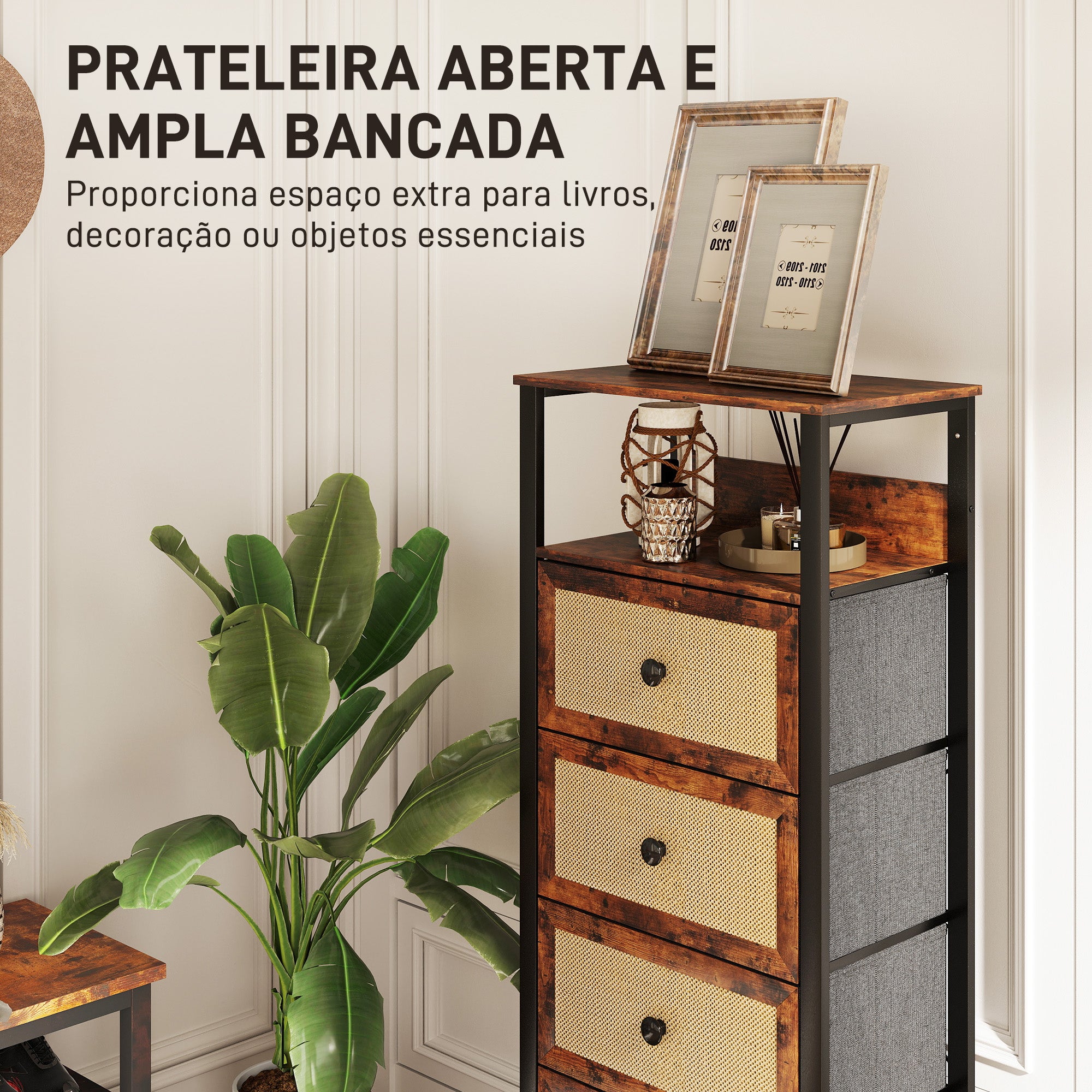 Cómoda de Tecido – 50x30x126 cm – Castanho Rústico – MDF, Aço, Tecido Não Tecido, Vime