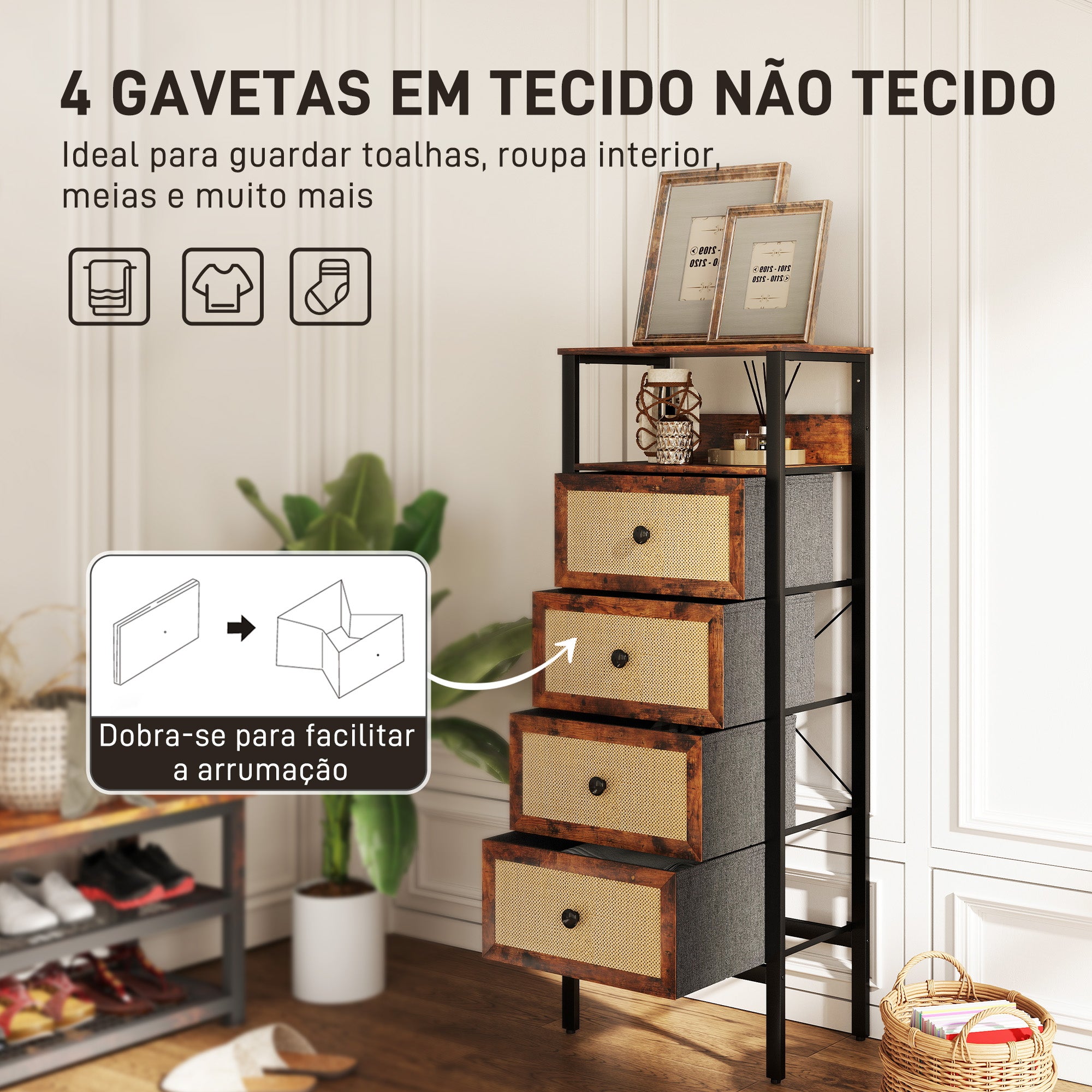 Cómoda de Tecido – 50x30x126 cm – Castanho Rústico – MDF, Aço, Tecido Não Tecido, Vime