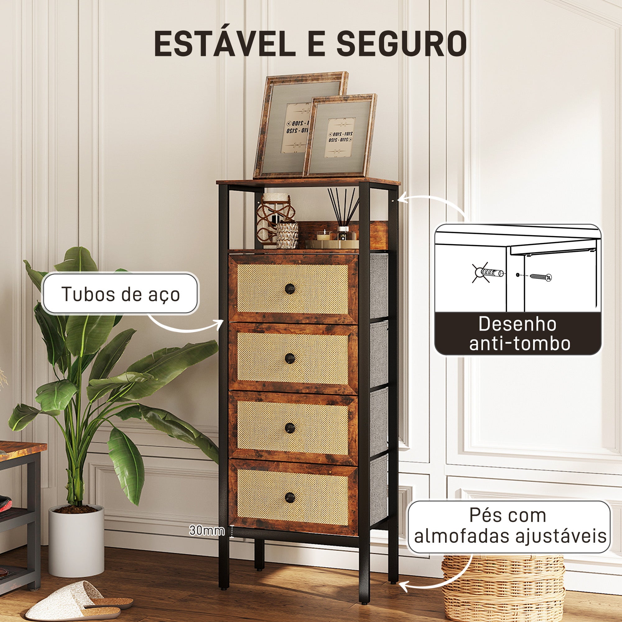 Cómoda de Tecido – 50x30x126 cm – Castanho Rústico – MDF, Aço, Tecido Não Tecido, Vime
