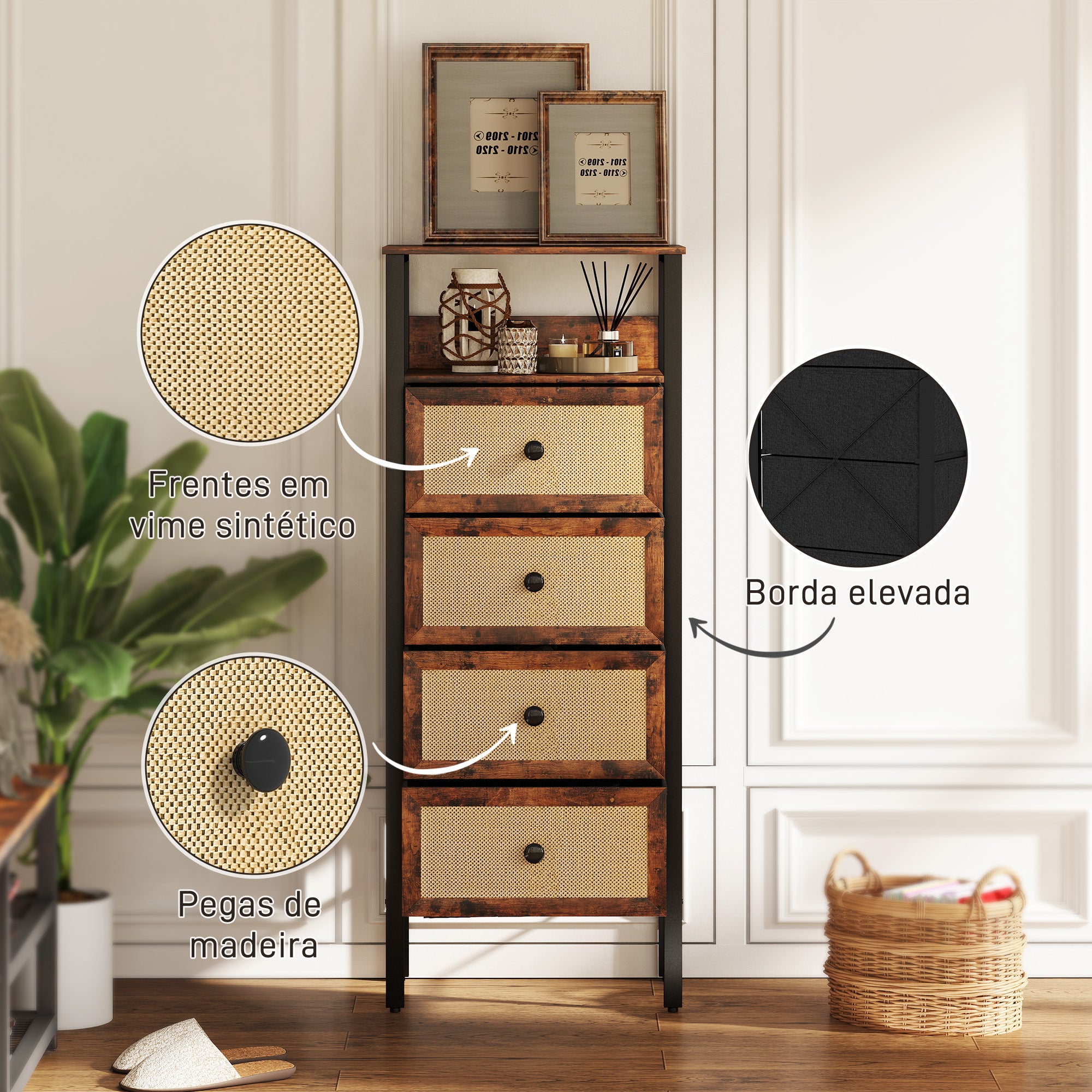 Cómoda de Tecido – 50x30x126 cm – Castanho Rústico – MDF, Aço, Tecido Não Tecido, Vime