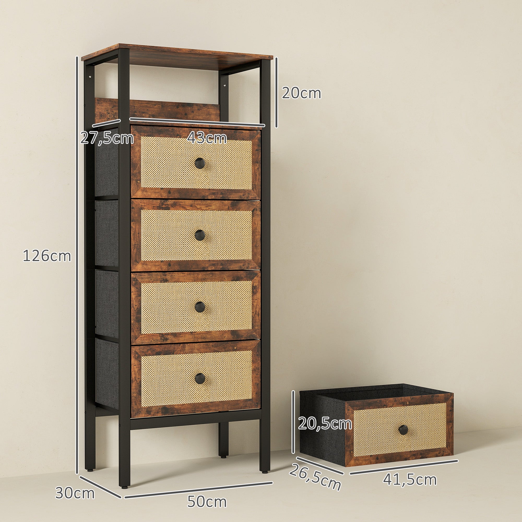 Cómoda de Tecido – 50x30x126 cm – Castanho Rústico – MDF, Aço, Tecido Não Tecido, Vime