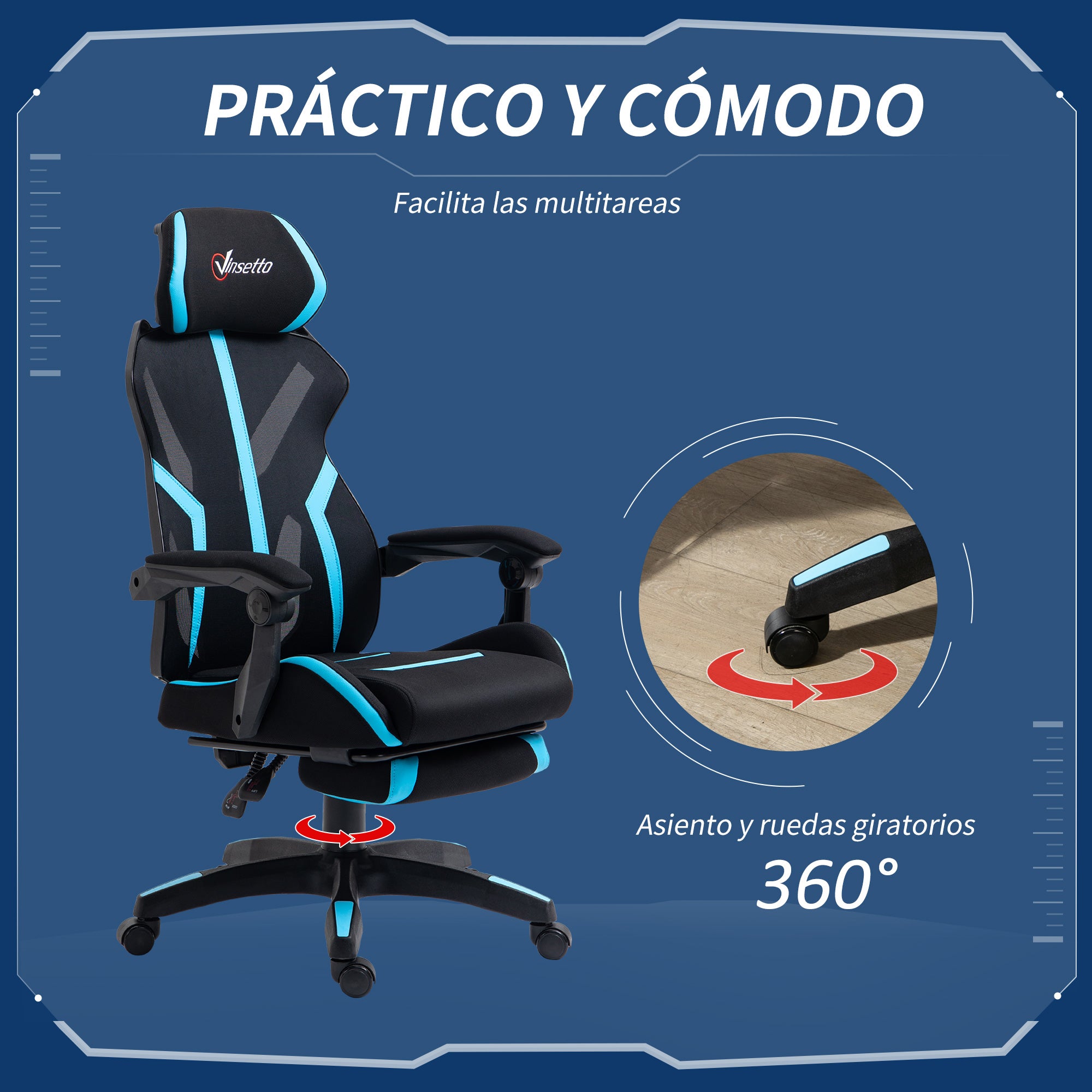 Cadeira de Gaming Ergonômica com Apoio para os Pés Retrátil - 65x65x129cm - Preto e Azul