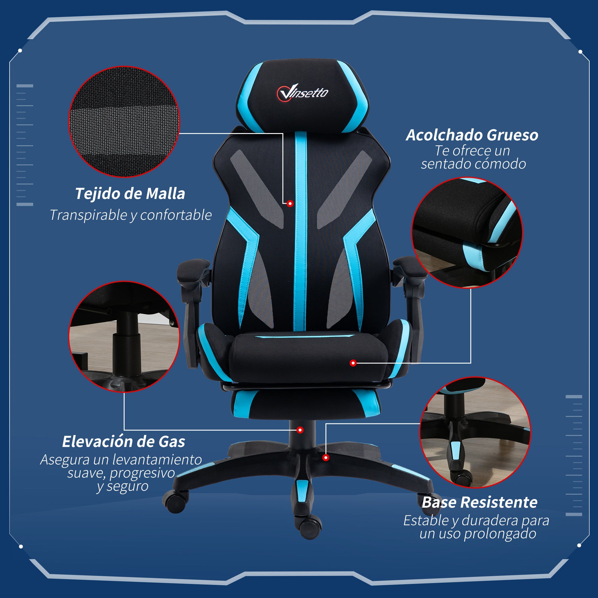 Cadeira de Gaming Ergonômica com Apoio para os Pés Retrátil - 65x65x129cm - Preto e Azul