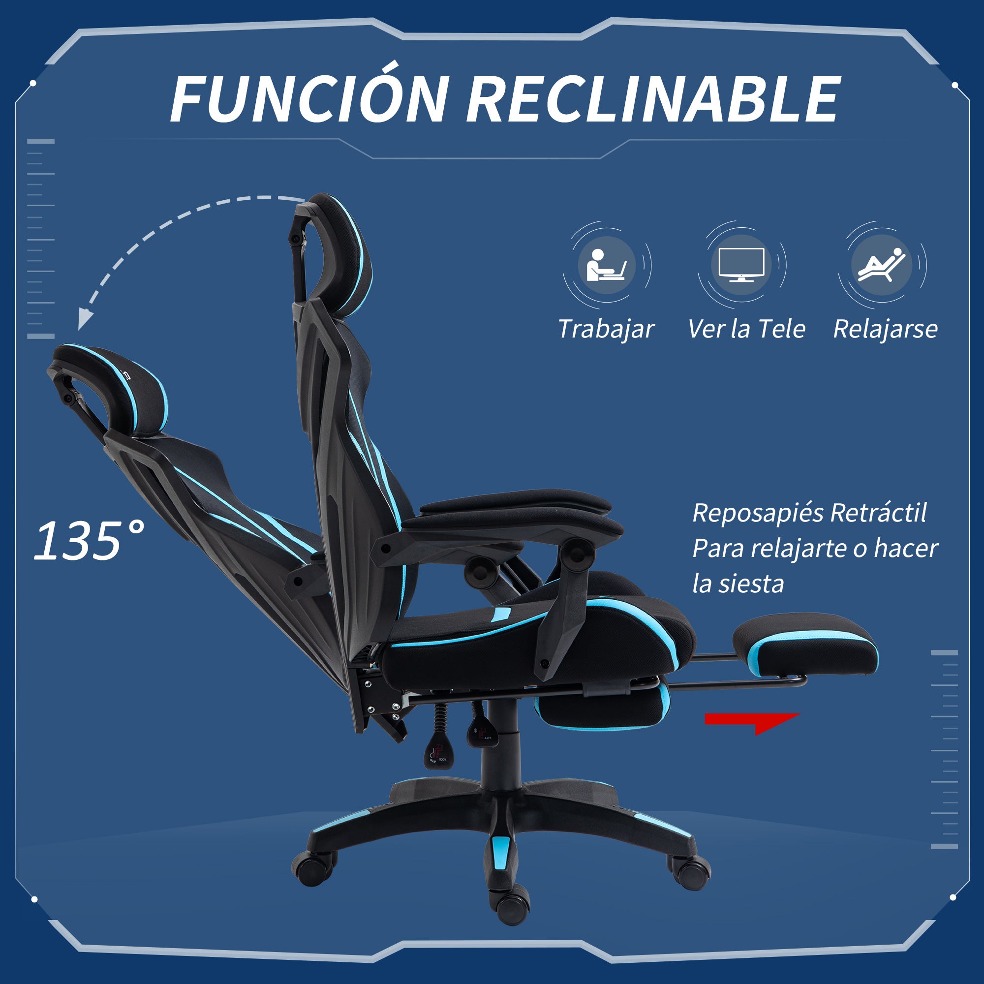 Cadeira de Gaming Ergonômica com Apoio para os Pés Retrátil - 65x65x129cm - Preto e Azul