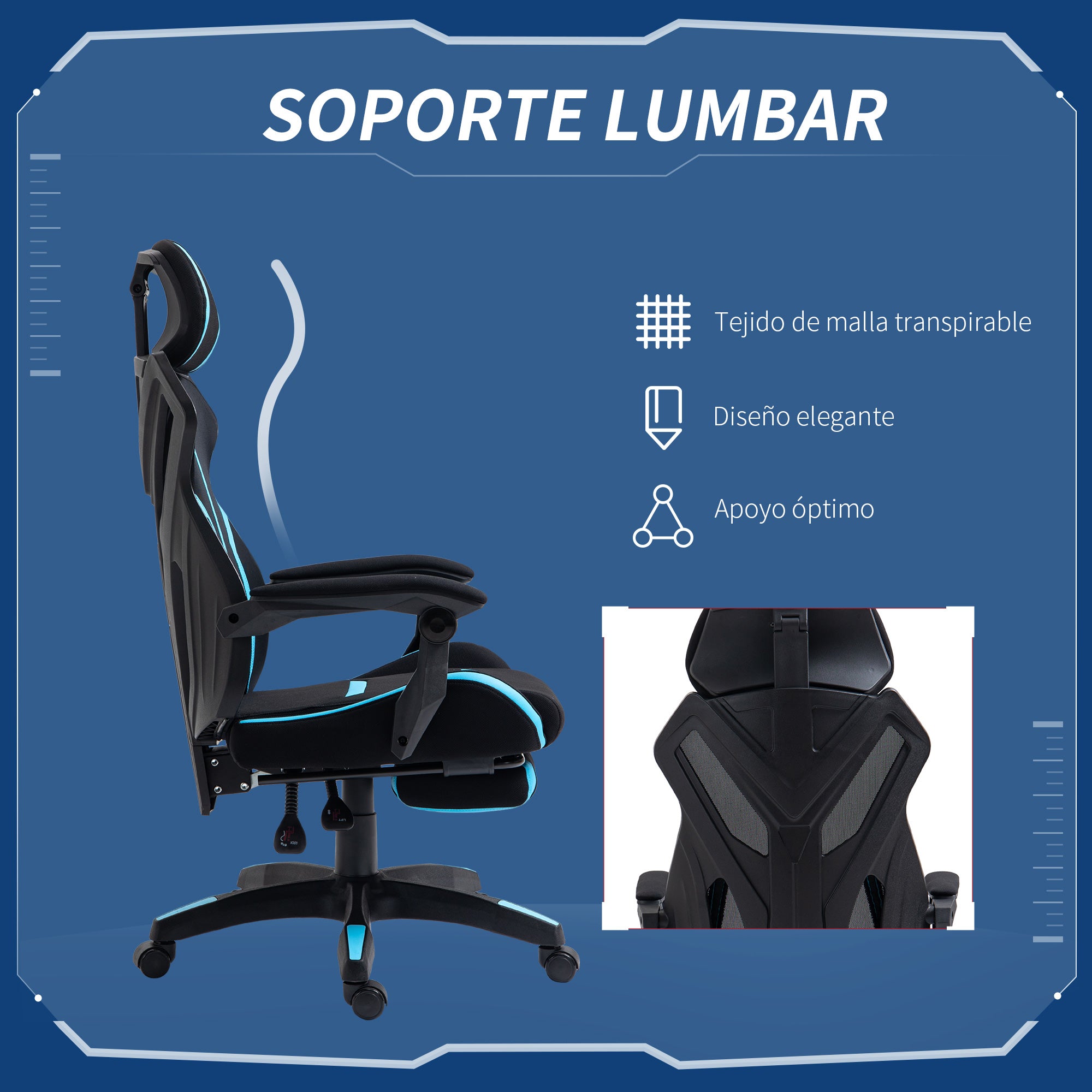 Cadeira de Gaming Ergonômica com Apoio para os Pés Retrátil - 65x65x129cm - Preto e Azul