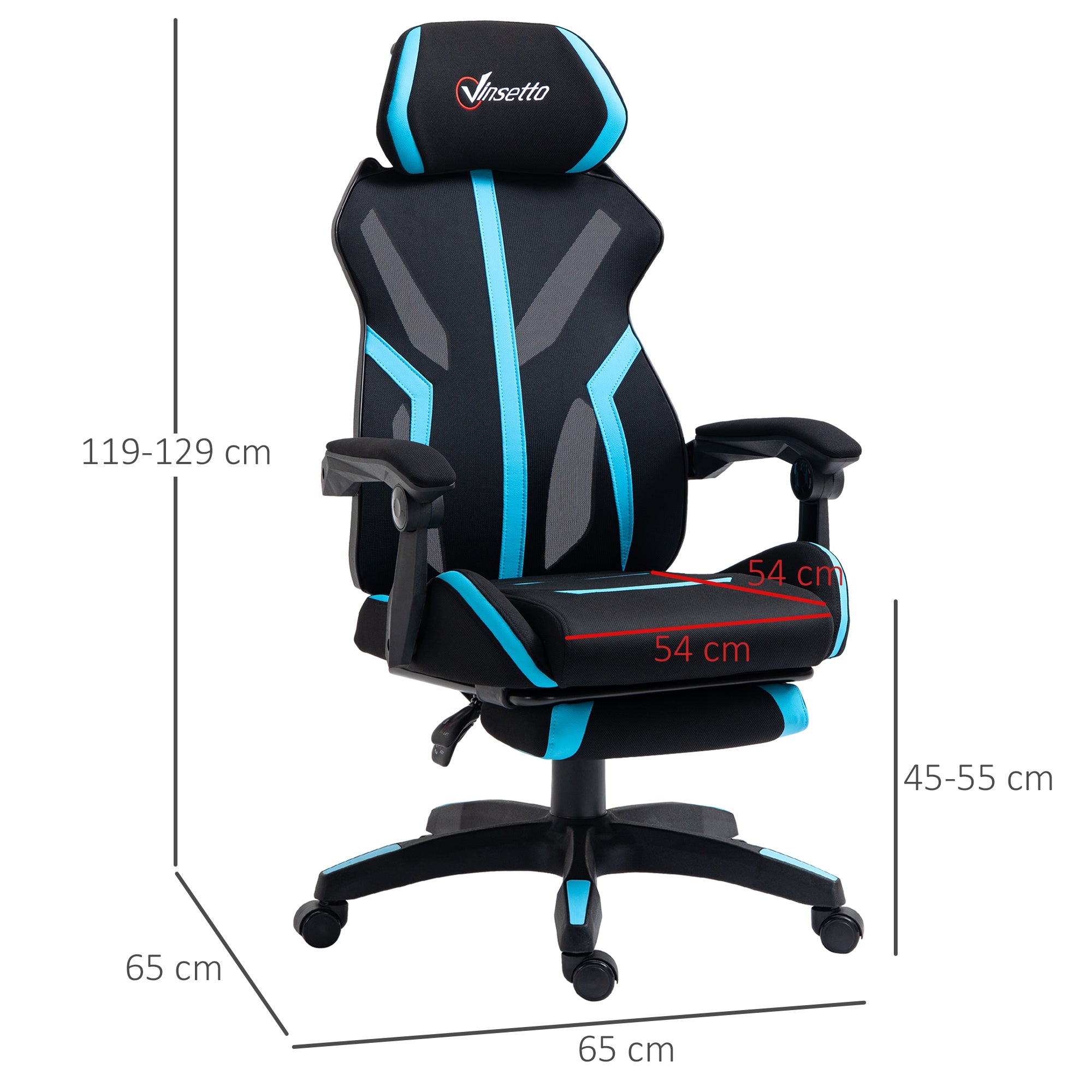 Cadeira de Gaming Ergonômica com Apoio para os Pés Retrátil - 65x65x129cm - Preto e Azul