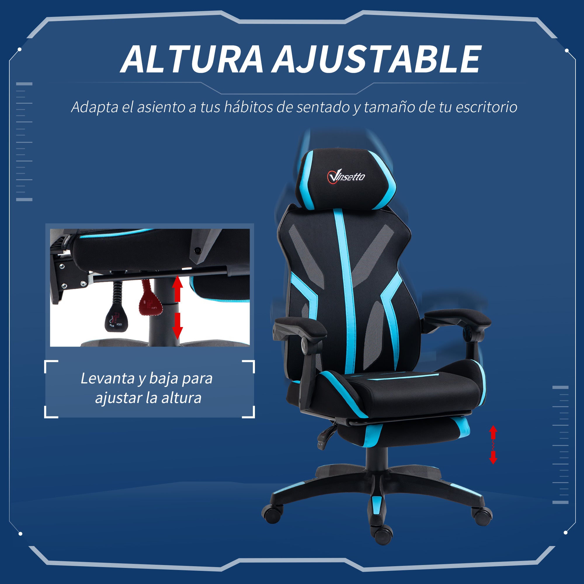 Cadeira de Gaming Ergonômica com Apoio para os Pés Retrátil - 65x65x129cm - Preto e Azul
