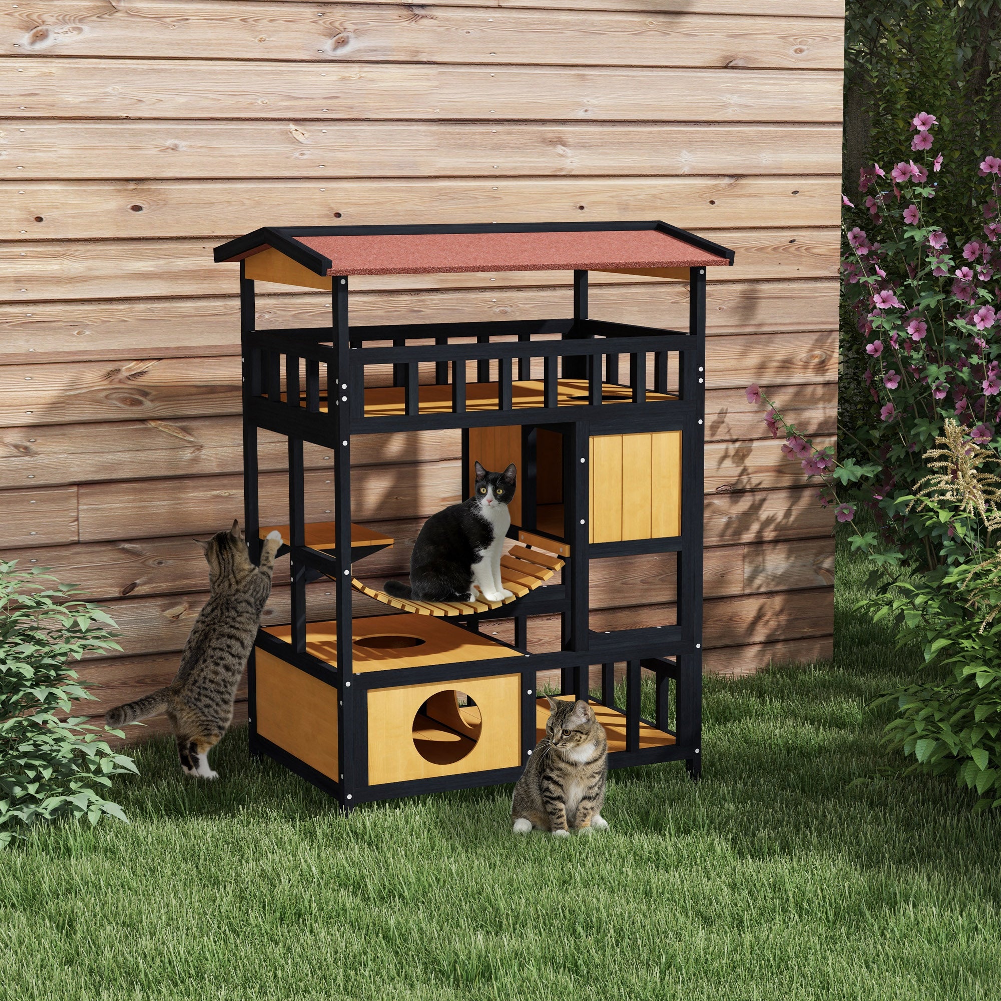 Abrigo para Gatos de Madeira 84x60x116 cm - Natural e Preto