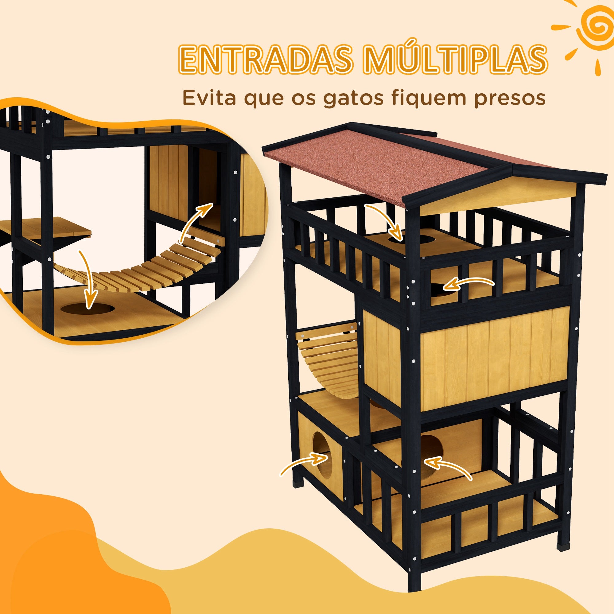 Abrigo para Gatos de Madeira 84x60x116 cm - Natural e Preto