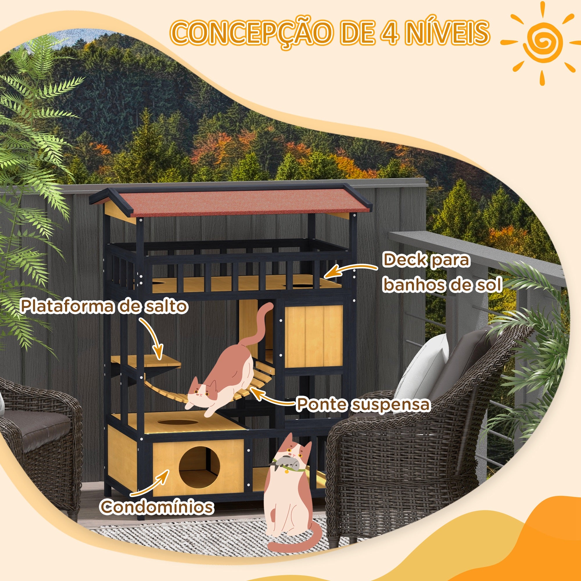 Abrigo para Gatos de Madeira 84x60x116 cm - Natural e Preto