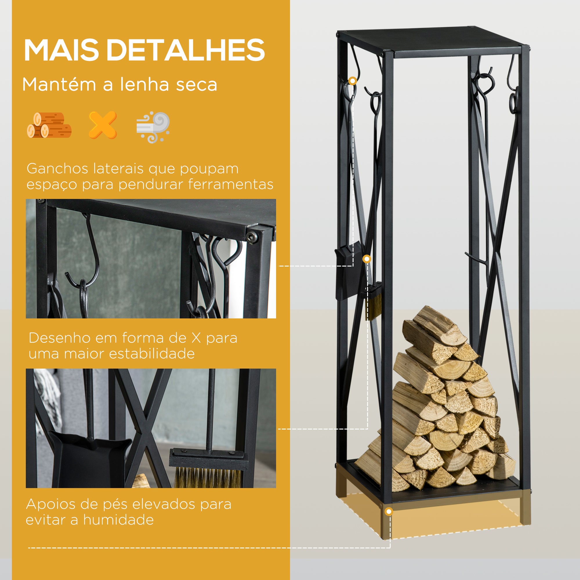 Suporte para Lenha – 34x34x111 cm – Preto – Metal