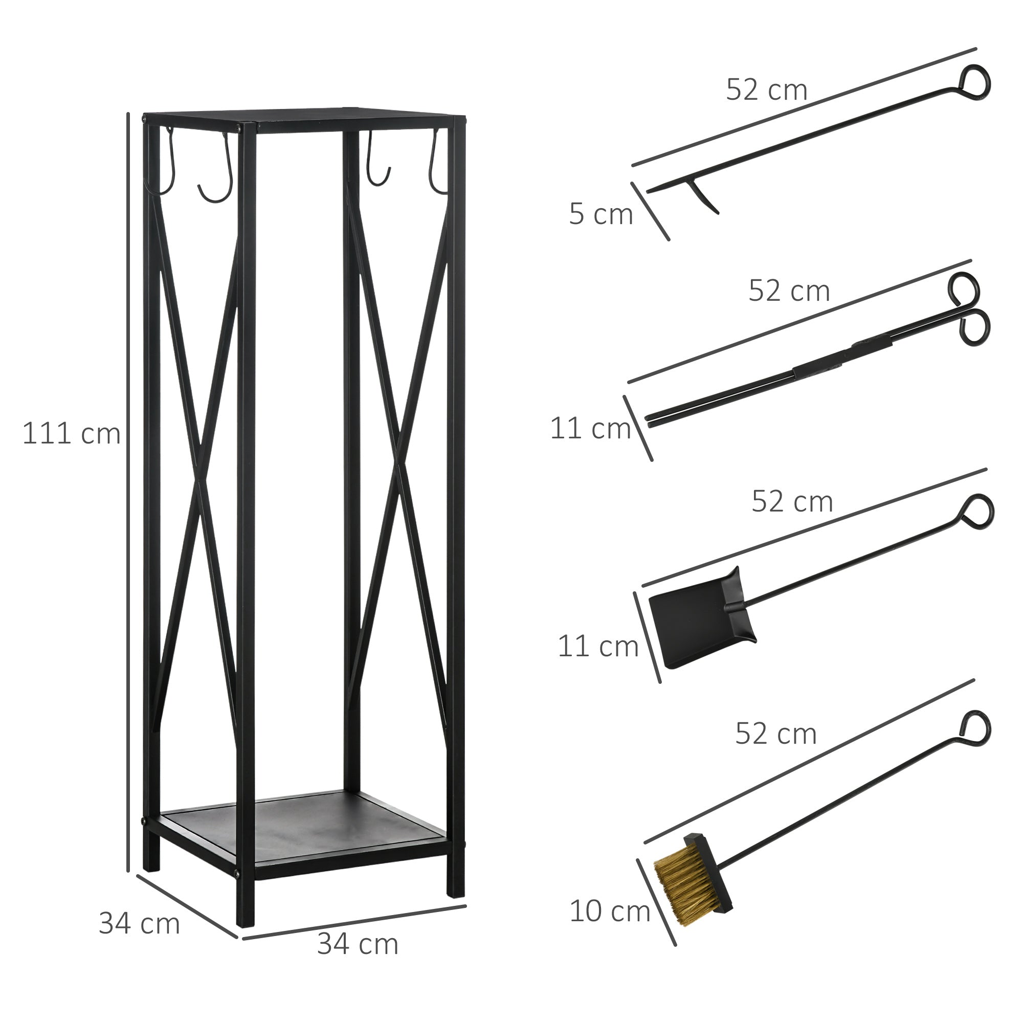Suporte para Lenha Preto 34x34x111 cm - Estante com Acessórios para Lareira