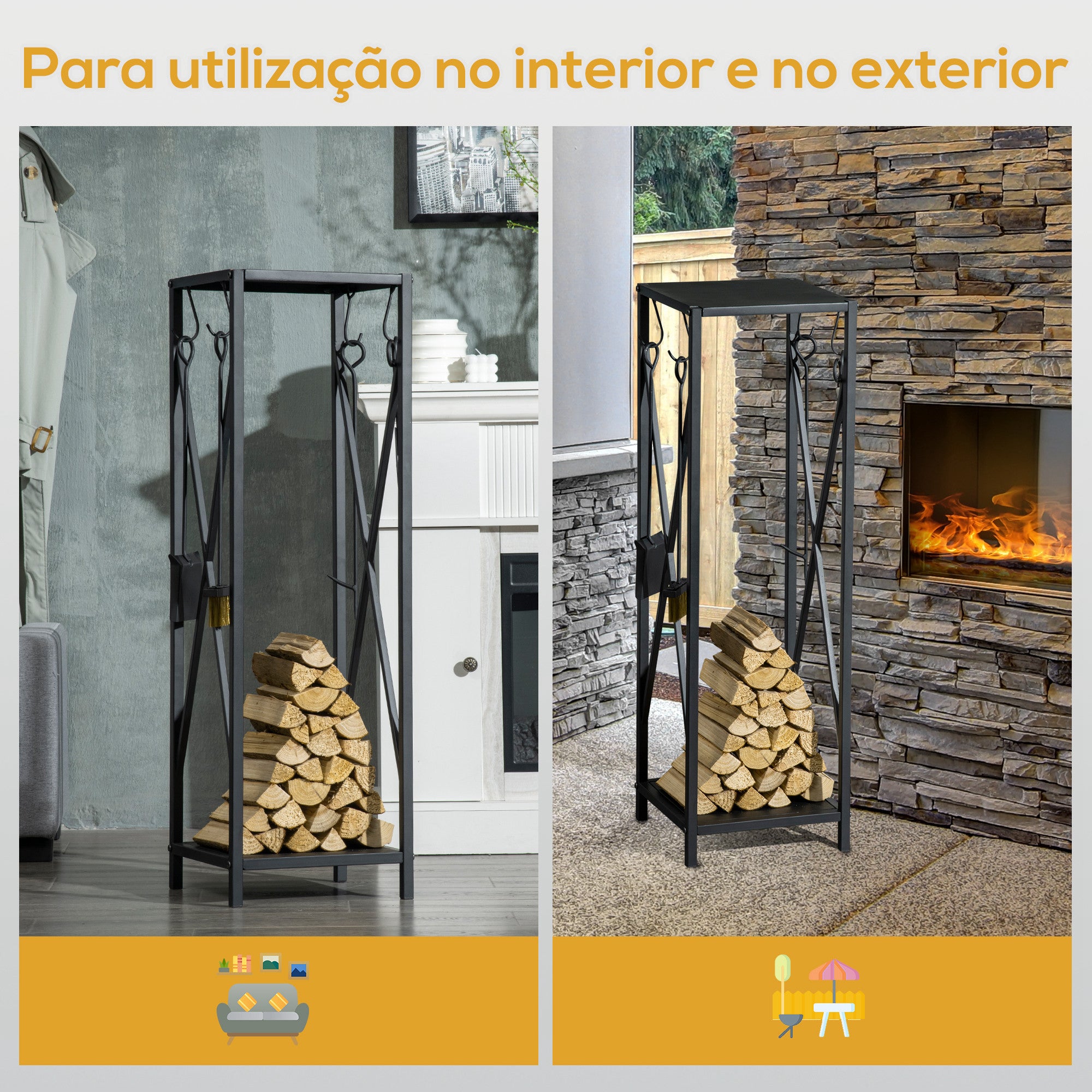 Suporte para Lenha Preto 34x34x111 cm - Estante com Acessórios para Lareira