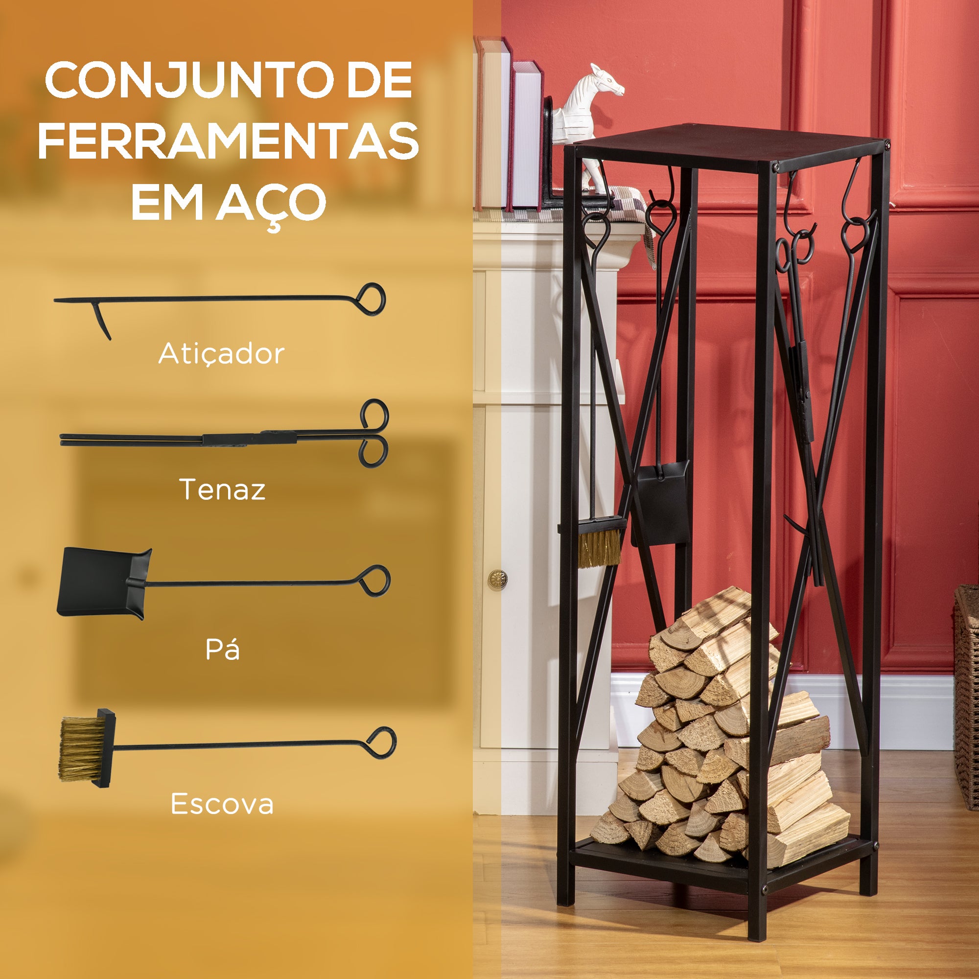 Suporte para Lenha Preto 34x34x111 cm - Estante com Acessórios para Lareira